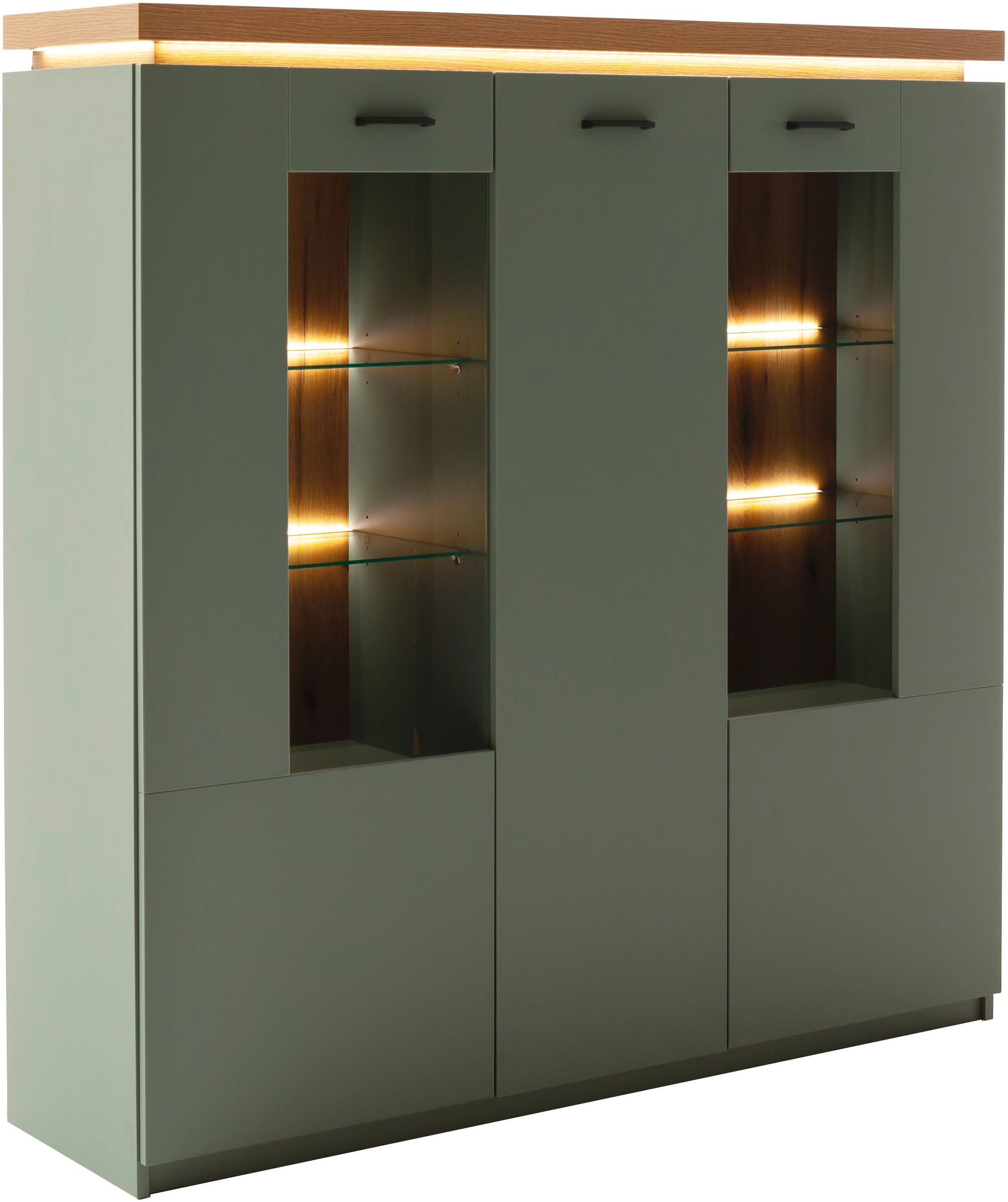 MCA furniture Highboard »MONIZ Highboard« 1 Stk. tlg. Hochkommode,Kommode,Eiche,Salbeigrün,3 Türen,gedämpft,Breite 138 cm