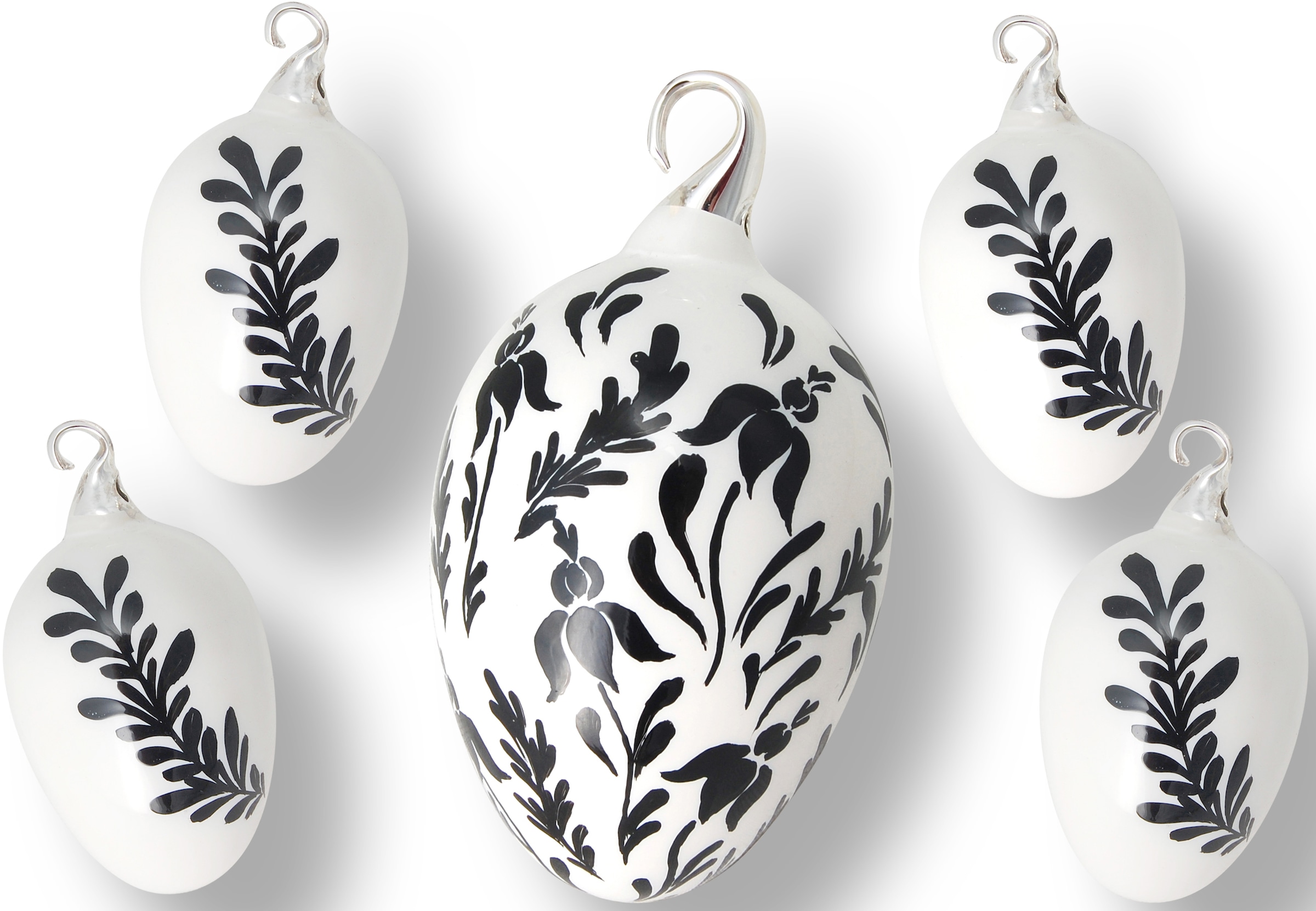 Image of Krebs Glas Lauscha Osterei "Floral, elegantes Design schwarz-weiss, Osterdekoration, Frühling" Mundgeblasenes und handbemaltes Glas, Made in Germany
