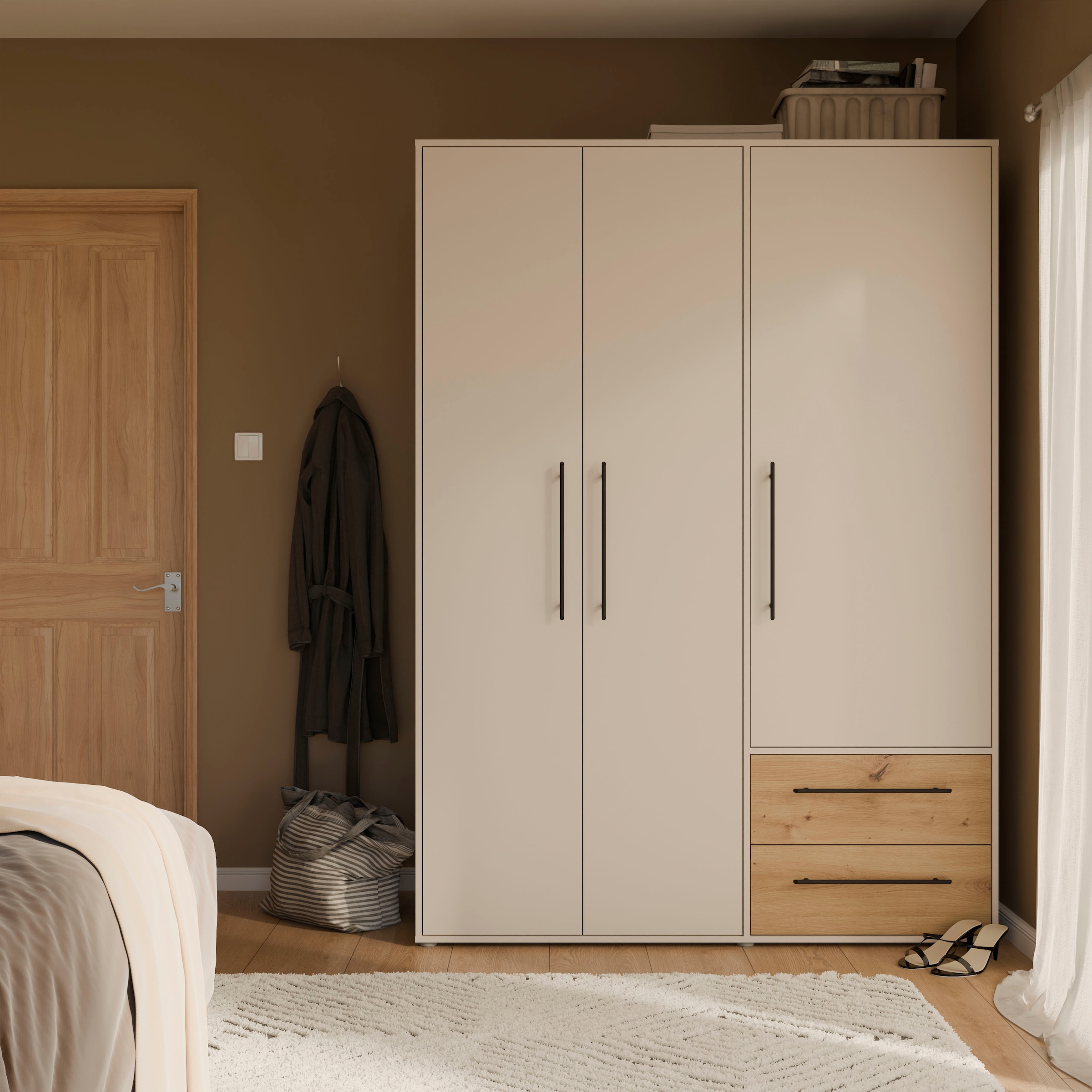FORTE Kleiderschrank »Mokkaris , Garderobe, zeitloses Design, 3 Türen, Made in Europe« B/H/T ca. 144x200x59cm,  Zwei Schubladen, schwarze Stangengriffe, Stauraum, auch in Schwarz