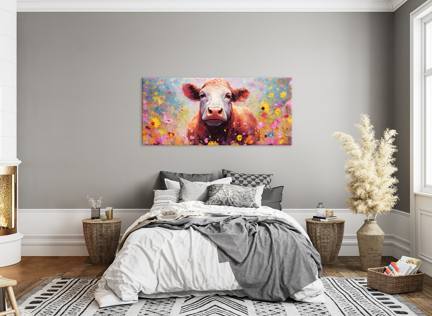 Bönninghoff Leinwandbild »Wandbild KUH MIT BLUMEN XXL 90x200 cm – Leinwandbild Keilrahmen Deko« Blumen | Blumenbilder | Kuh | Kuhbilder | Kühe | Tiere 1 Stk. tlg. auf Keilrahmen gespannt
