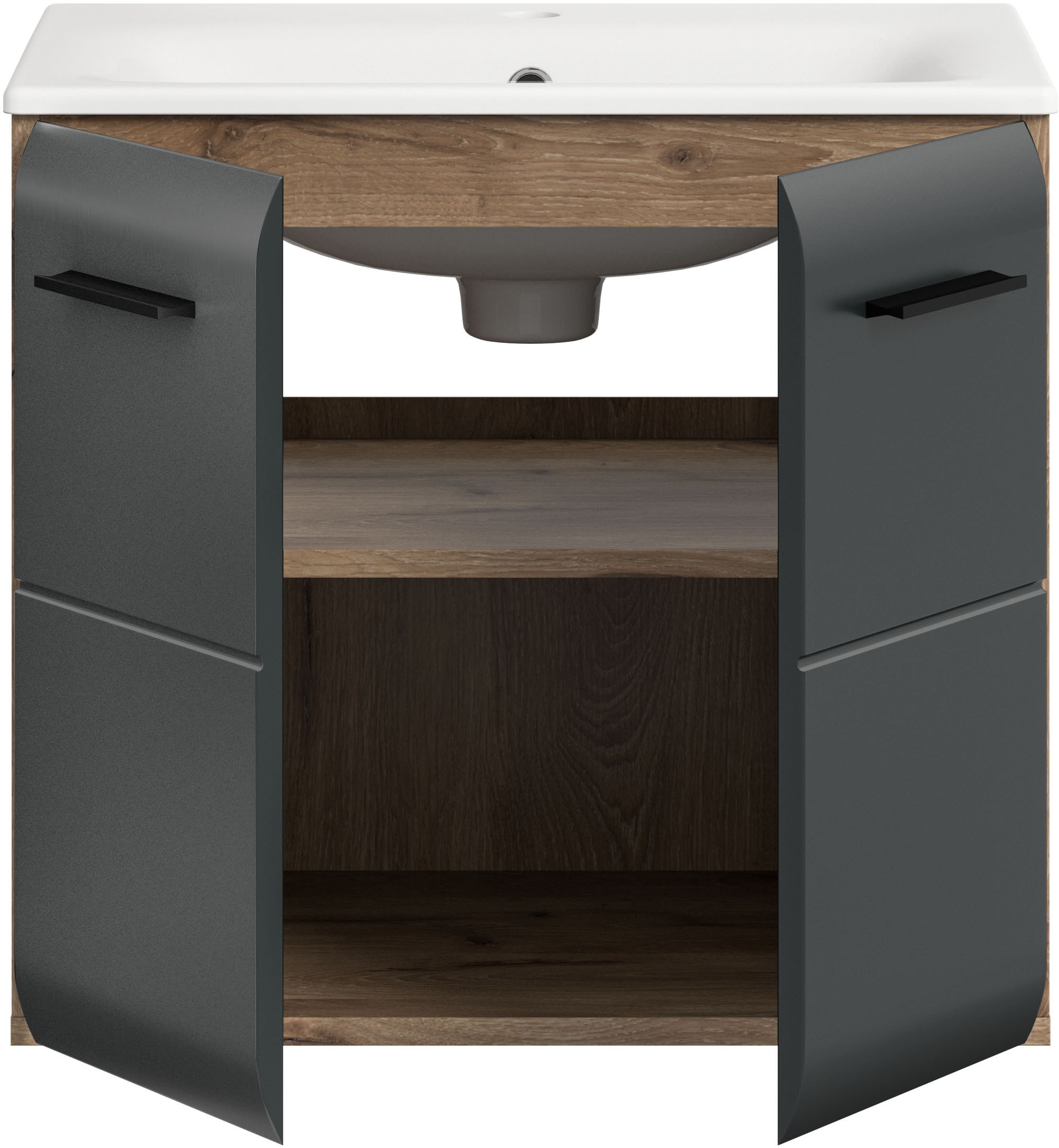 welltime Armoire sous lavabo 2 cuis tlg. Florenz, Waschtisch inkl. Waschbecken, Nox Oak NB, 60 cm breit