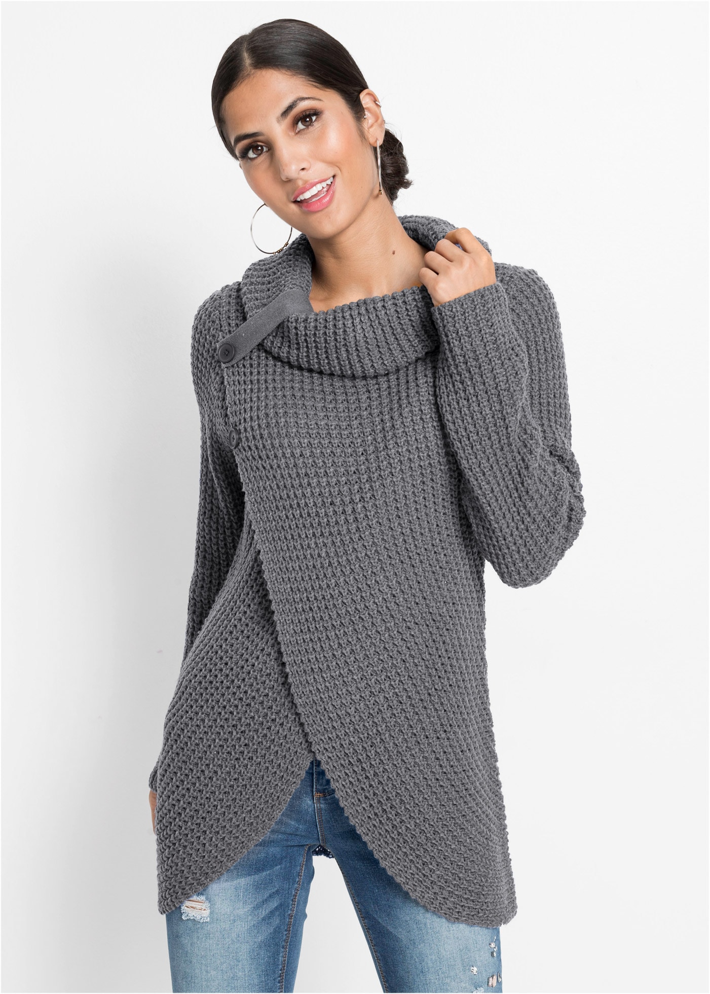 Image of bonprix Strickpullover "Grobstrick-Pullover" mit weitem Rollkragen mit Riegel, asymmetrische Lagenoptik