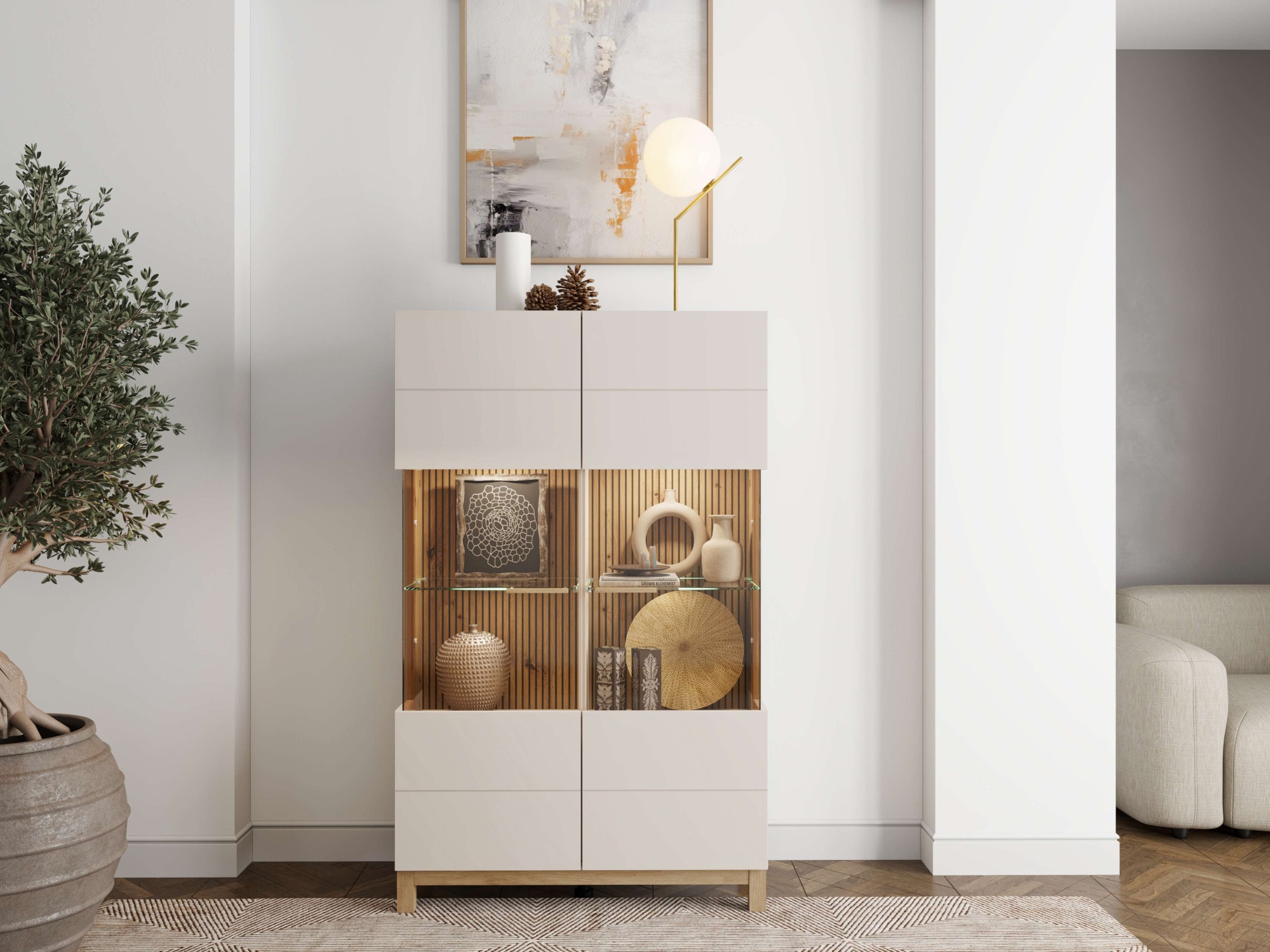 Home affaire Highboard »Essex, Hochkommode, Vitrine, Glasvitrine, Kombi-Highboard« Modernes Highboard in Kaschmir mit Glasfront & Lamellen-Optik