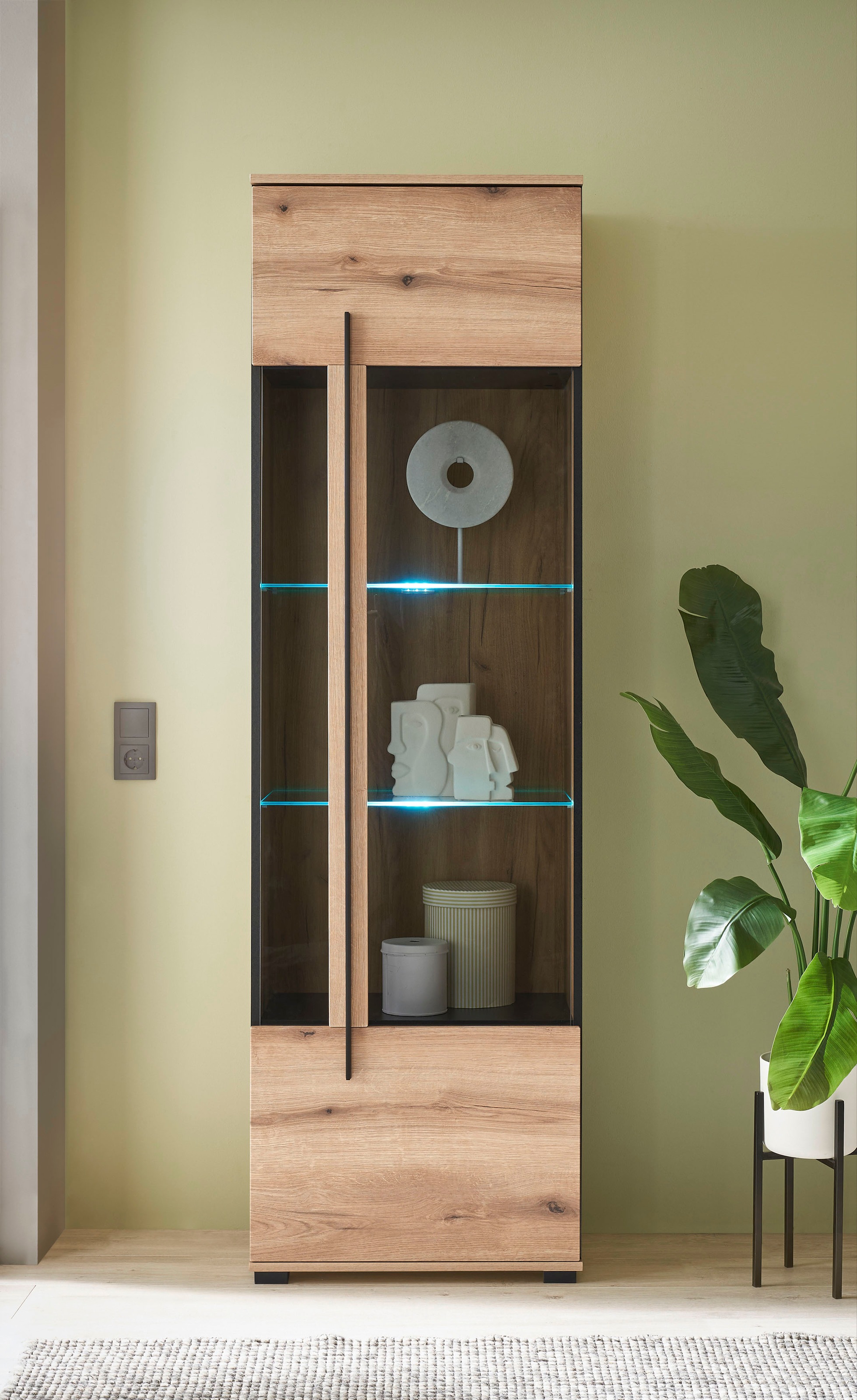 INOSIGN Vitrine »Cantara, Vitrinenschrank in Eiche Evoke oder weiss, Standvitrine«, schwarzer Stangengriff, ausreichend Stauraum, vielseitig einsetzbar