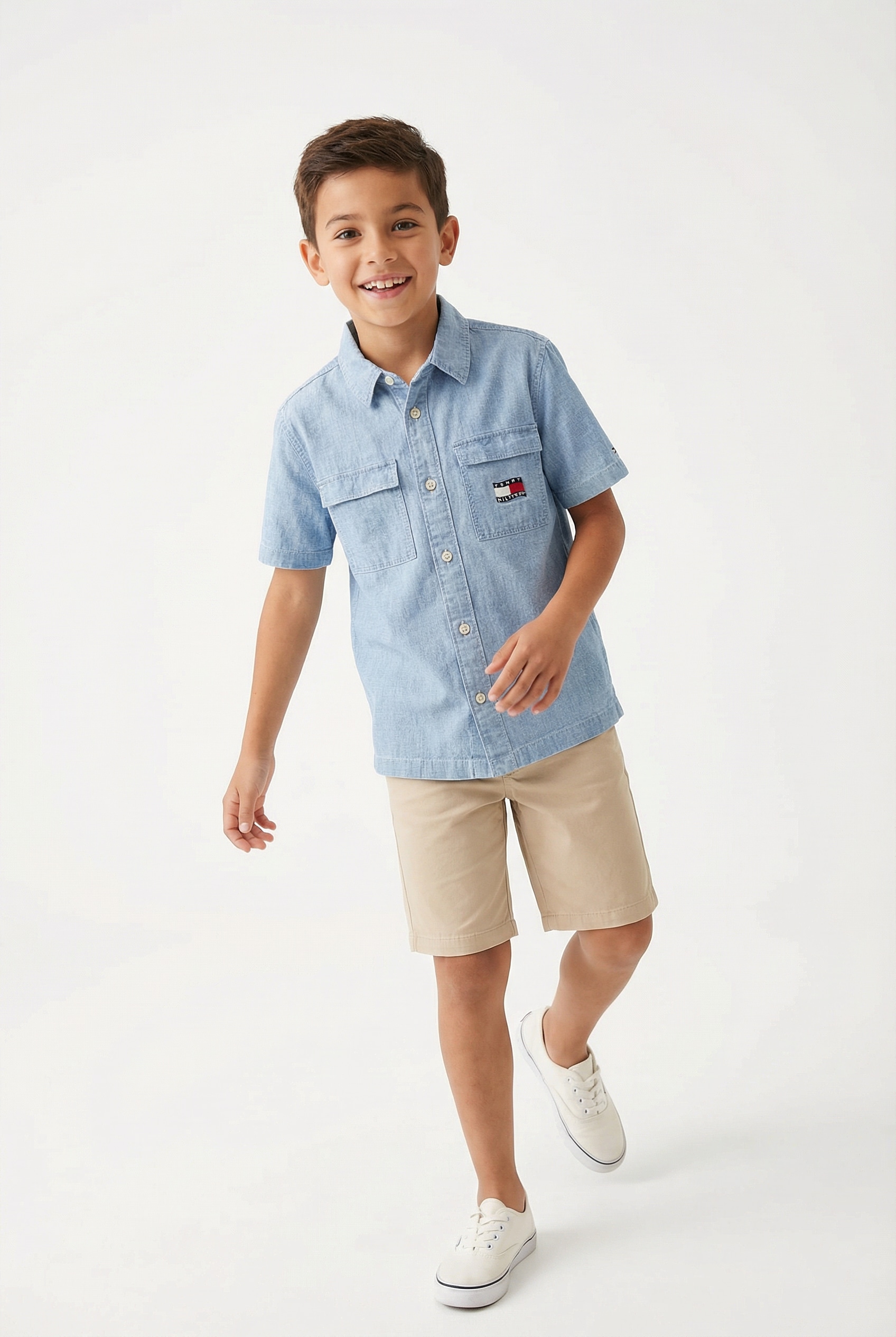 Tommy Hilfiger Chemise à manches courtes »WAVY FLAG HERRINGBONE SHIRT SHORT SLEEVE« Kinder bis 16 Jahre, Denim-Look