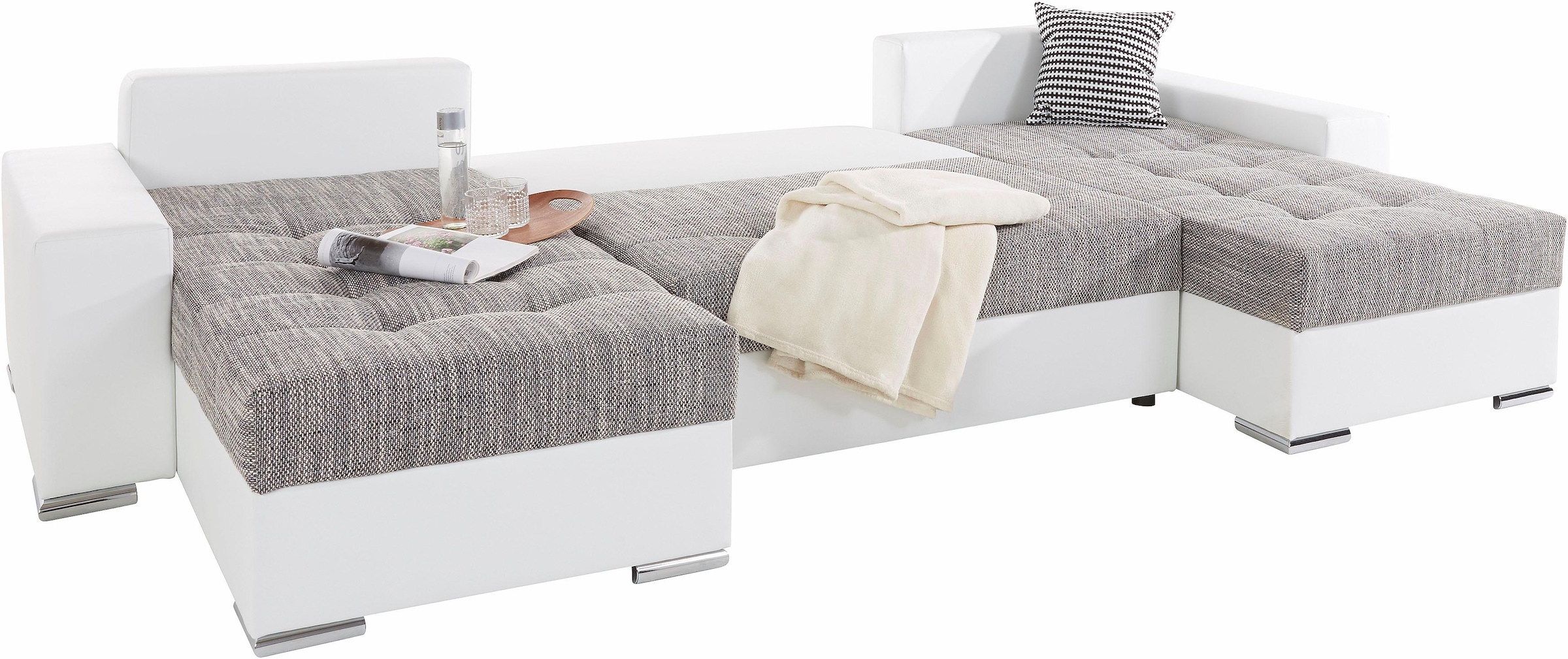 COLLECTION AB Wohnlandschaft »XL-Josy U-Form, Breite 313 cm, Kunstleder-Mix, Microfaser«, inkl. Bettfunktion, Bettkasten, mit 4 gleich grossen Rückenkissen