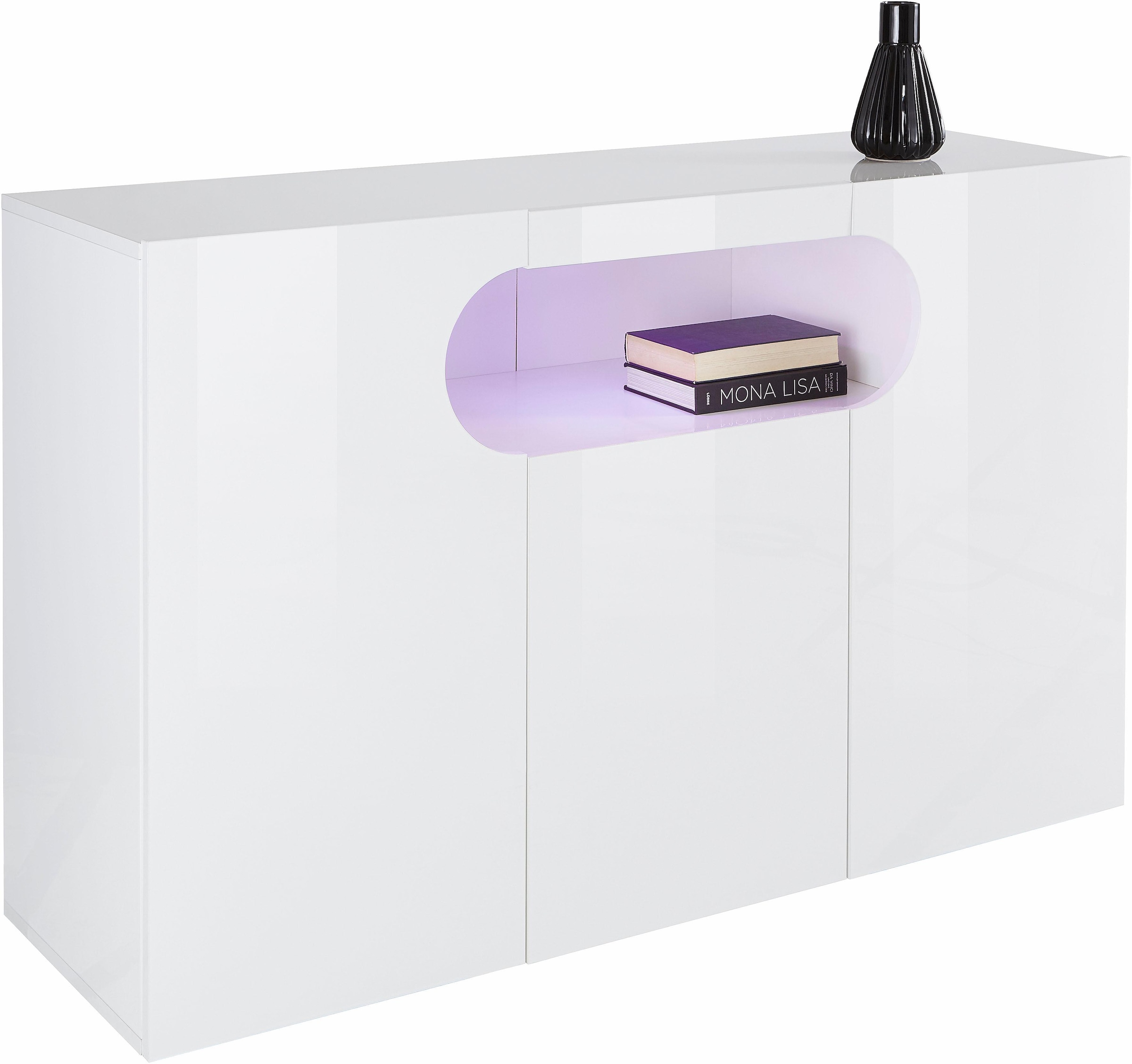 INOSIGN Sideboard »Real,Vitrine,Kommode,Schrank,Breite 130 cm komplett hochglanz lackiert«, mit 3Türen davon 2 abgerundet, die ein ovales offenes Fach bilden