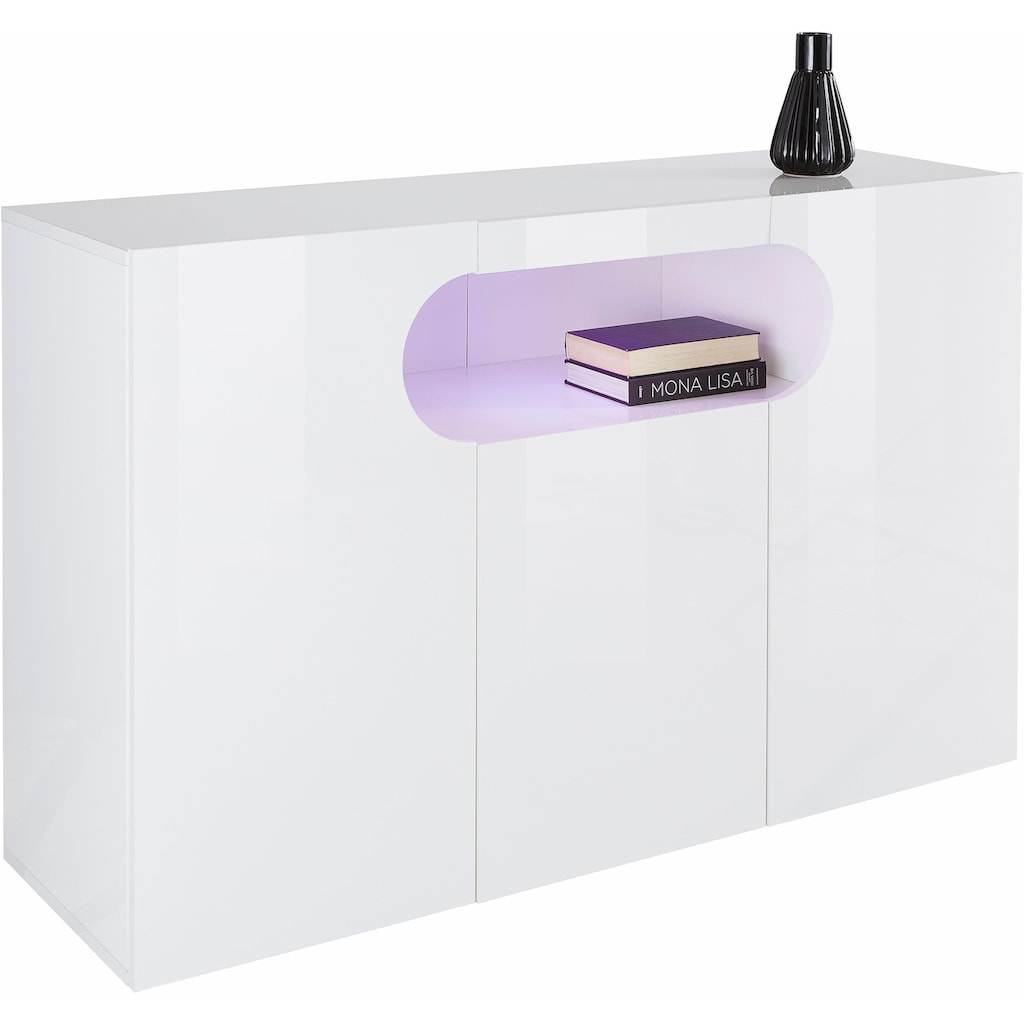 INOSIGN Sideboard »Real,Vitrine,Kommode,Schrank,Breite 130 cm komplett hochglanz lackiert«, mit 3Türen davon 2 abgerundet, die ein ovales offenes Fach bilden