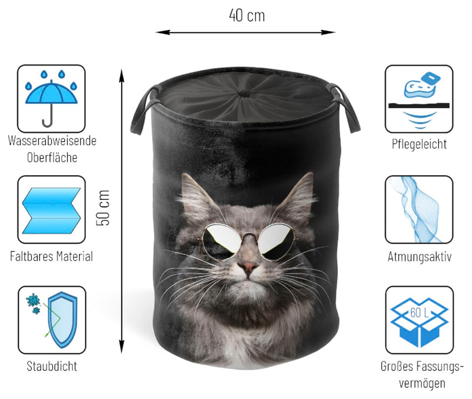 Sanilo Wäschekorb »Cool Cat«, kräftige Farben, samtweiche Oberfläche, mit Deckel