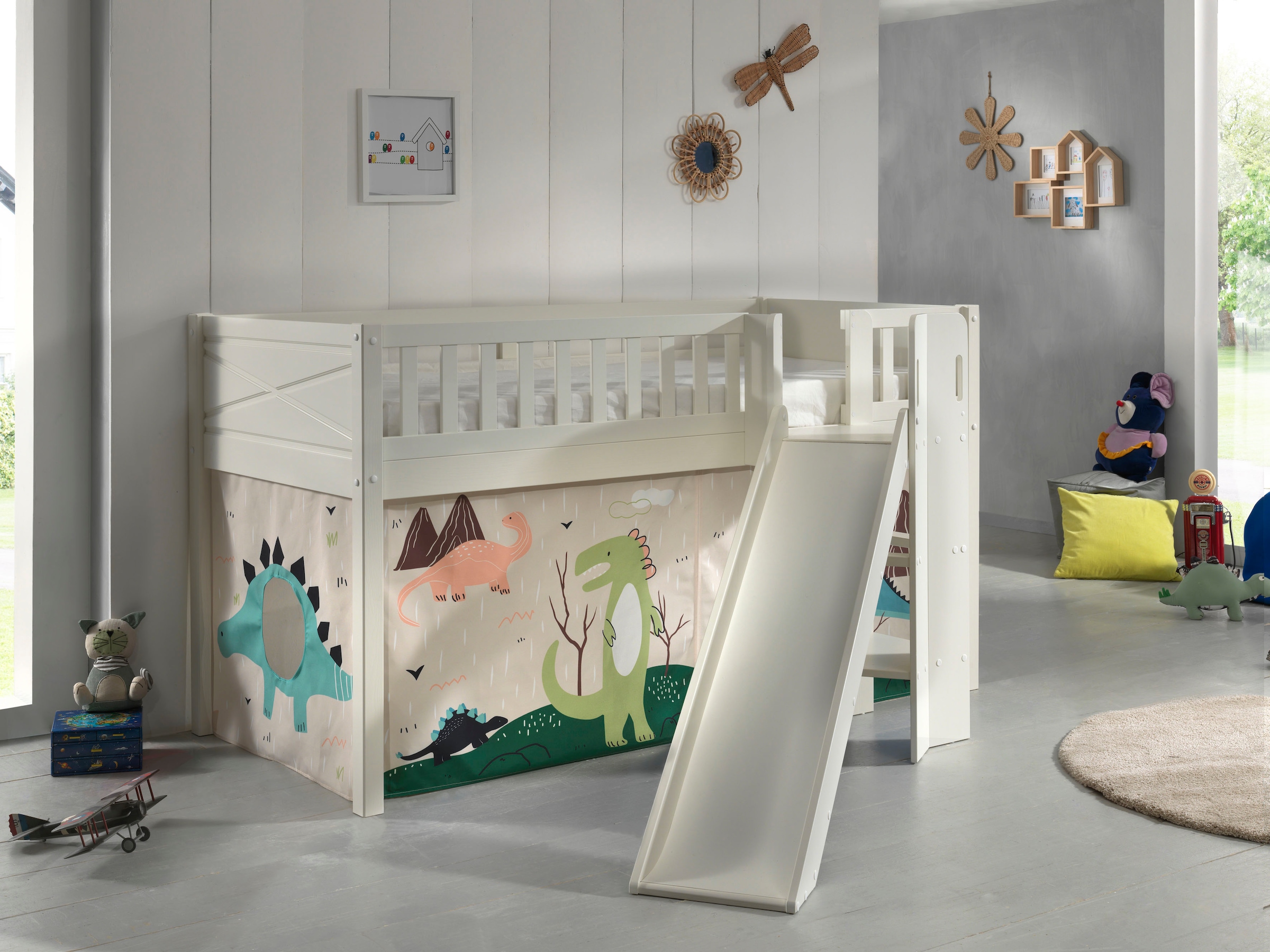 Vipack Lit superposé »Scott« L/H/P env. 207,6x114x203,7 cm, tête/pied de lit fraisés, construction solide,  avec tour d'escalier antidérapant, LF 90x200 cm, rideau inclus, 7 designs