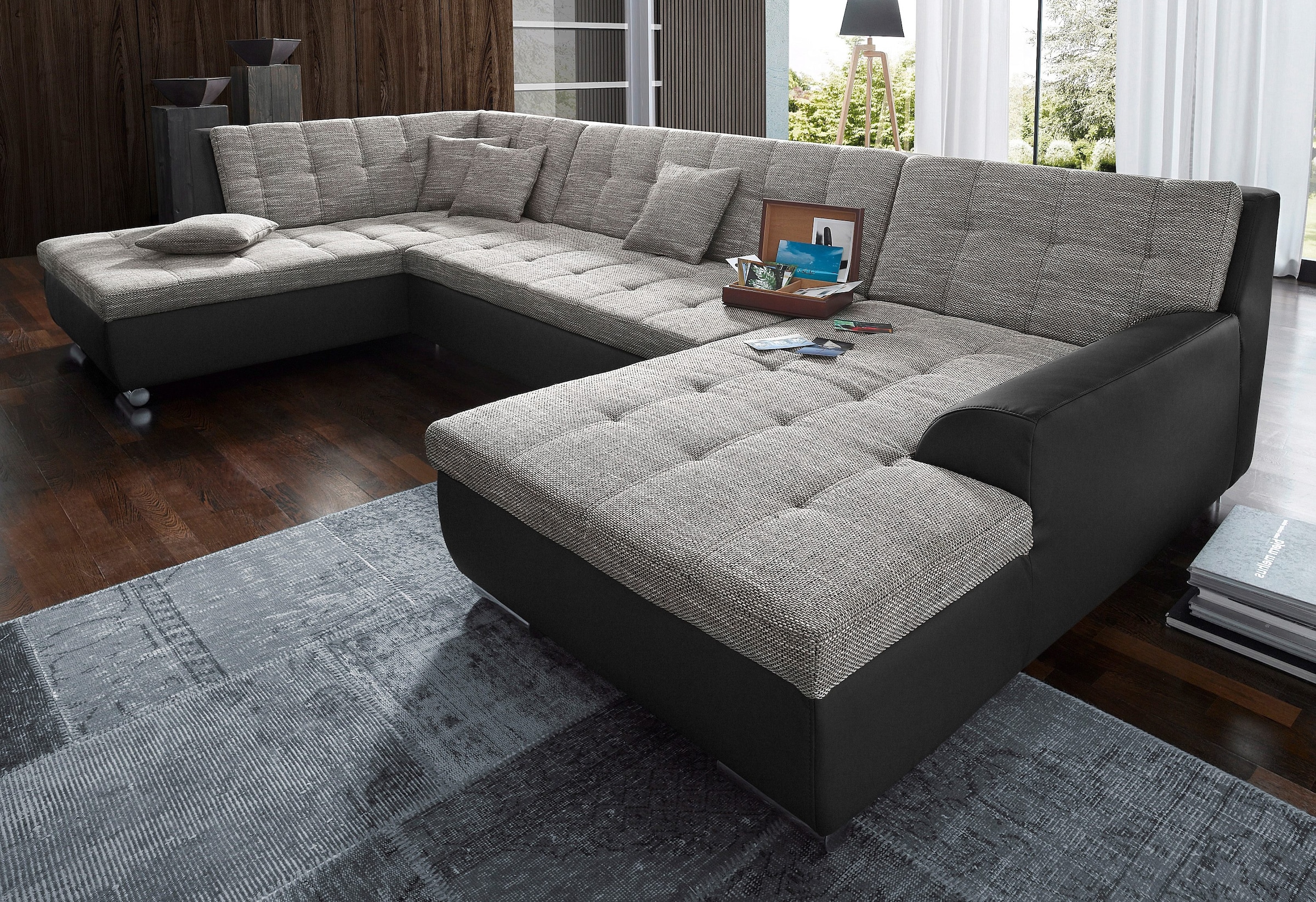 DOMO collection Wohnlandschaft »Treviso incl. Zierkissen, moderne Steppung, XXL: B/T/H: 364/201/83 cm« wahlweise mit Bettfunktion, in vielen Bezugsarten auch in Cord  U-Form