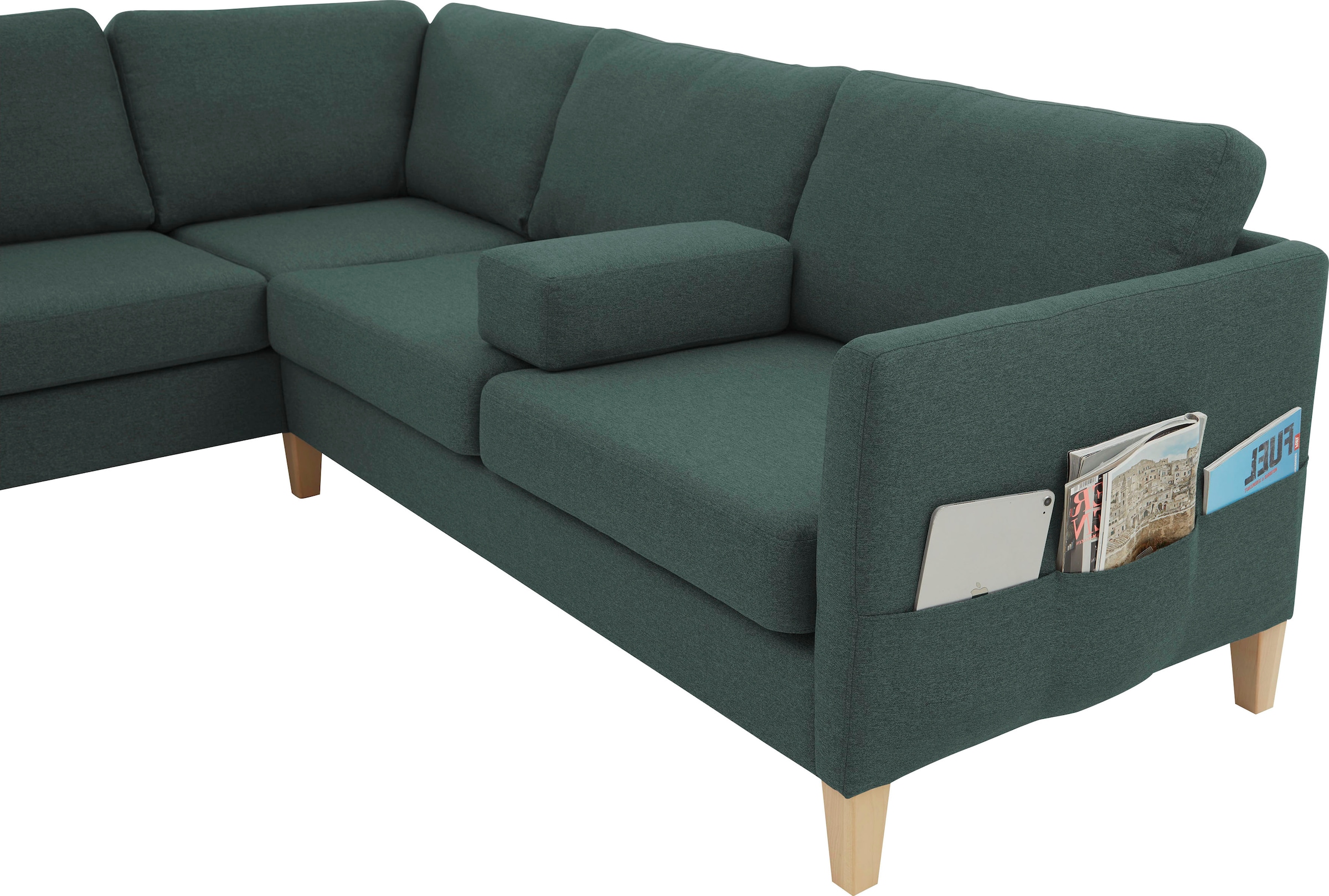 ATLANTIC home collection Ecksofa »Mailo L-Form«, mit Seitentaschen und Ottomane, mit Massivholzfüssen