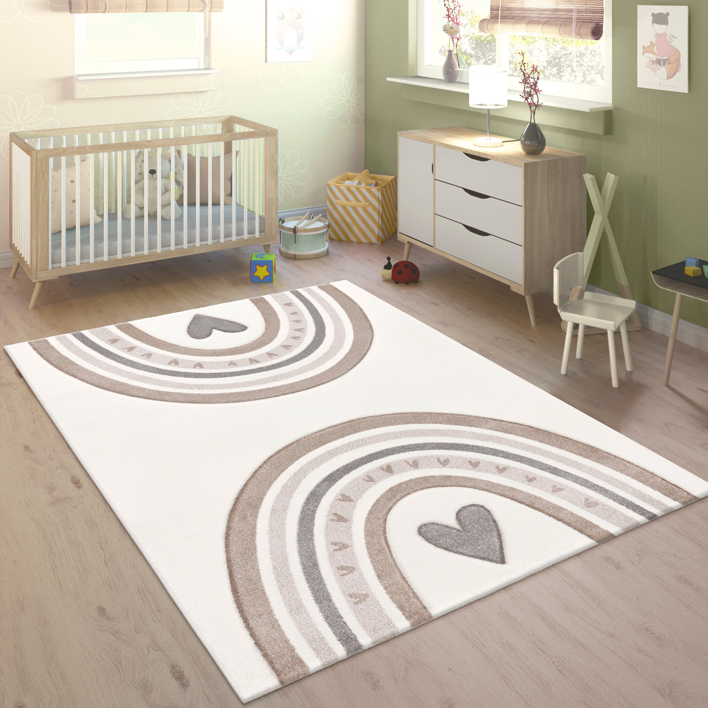 Image of Paco Home Kinderteppich "Cosmos 351" rechteckig 16 mm Höhe Kurzflor, Spielteppich, Motiv Regenbogen & Herz, Kinderzimmer