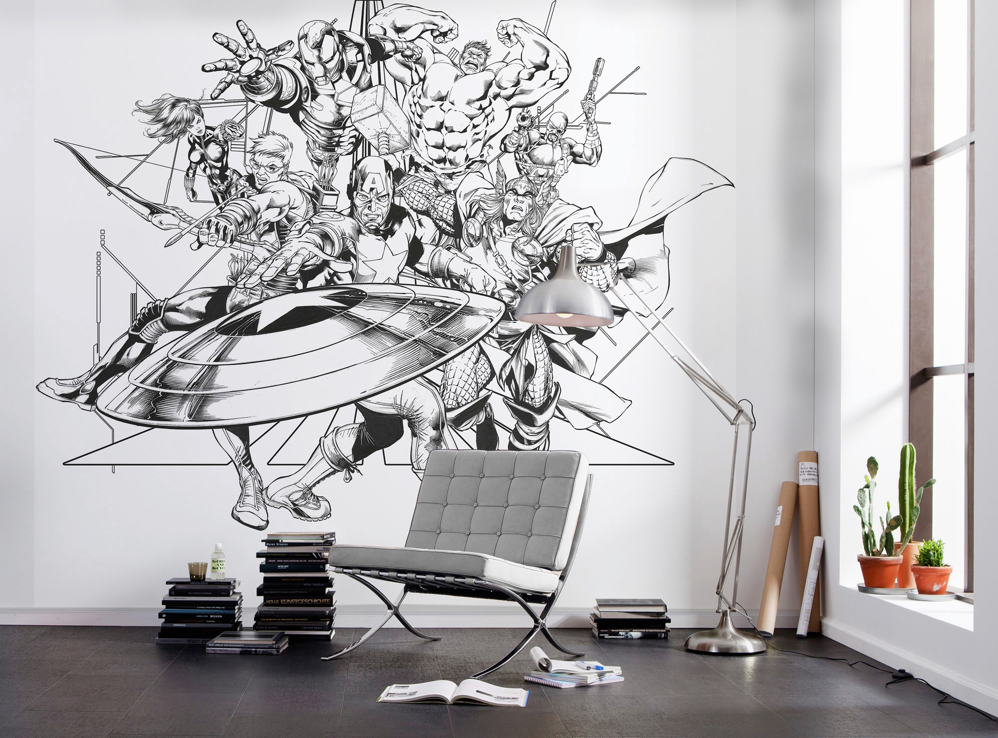 Komar Vliestapete »Digitaldruck Vlies - Avengers Black and White - Grösse 300 x 280 cm«, bedruckt, Kinderzimmer