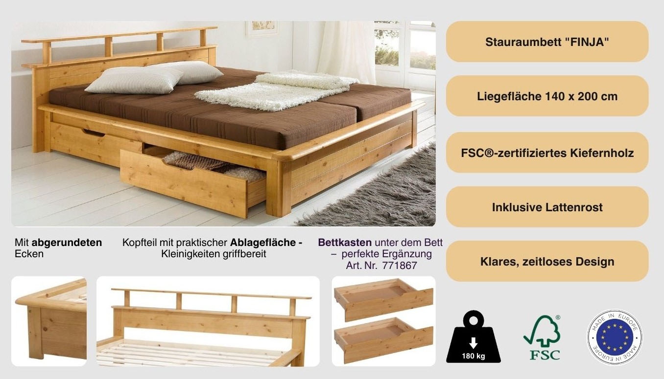 GOODproduct Funktionsbett »"FINJA " Kieferbett, Futonbett, Kopfteil mit Ablagefläche« zertifiziertes Massivholz, Schubkästen optional