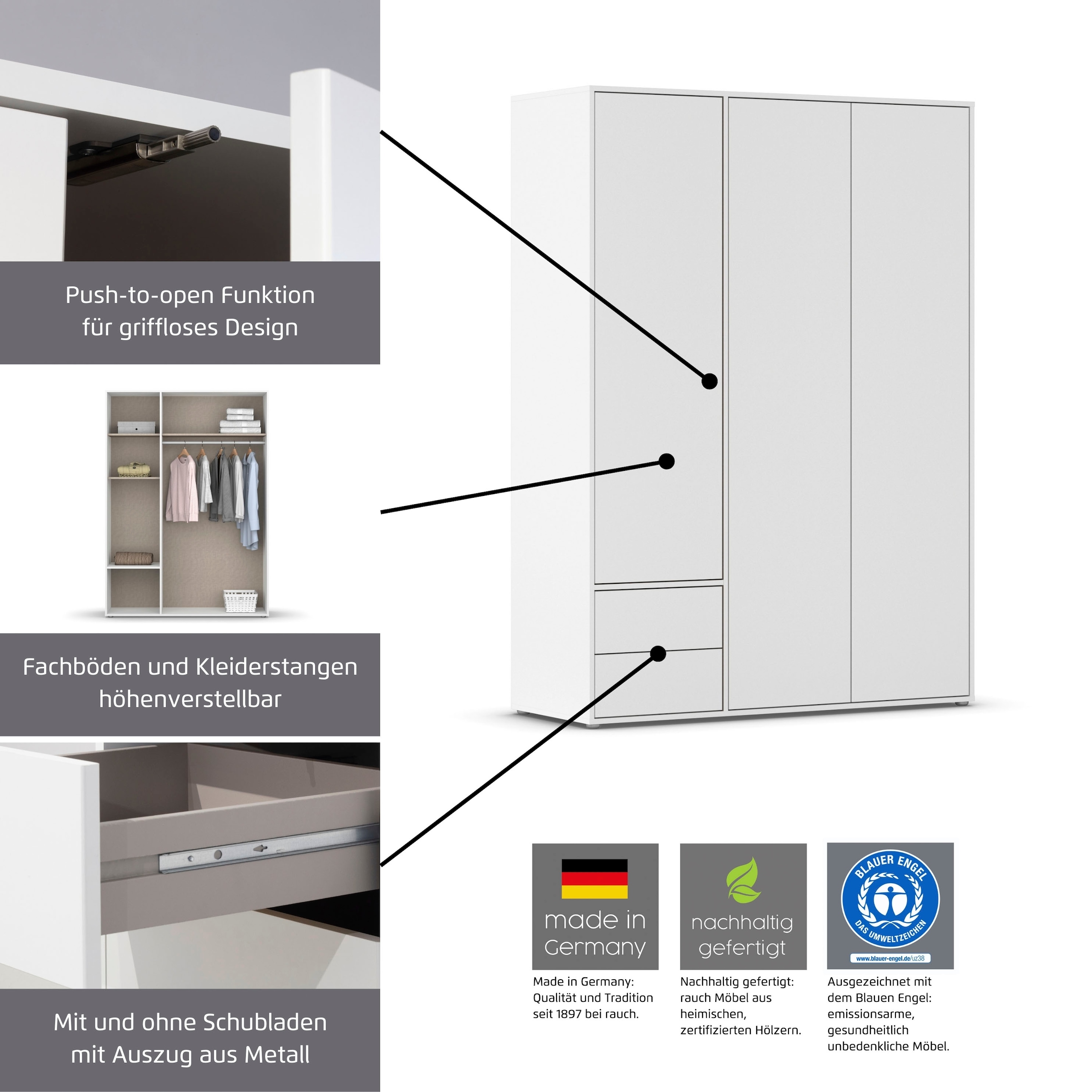 rauch Armoire à portes battantes »Kleiderschrank Schrank Garderobe Wäscheschrank NABILA viel Stauraum« En 3 configurations différentes BASIC/CLASSIC/PREMIUM,  en 2 largeurs avec fonction Push-to-Open TOPSELLER MADE IN GERMANY