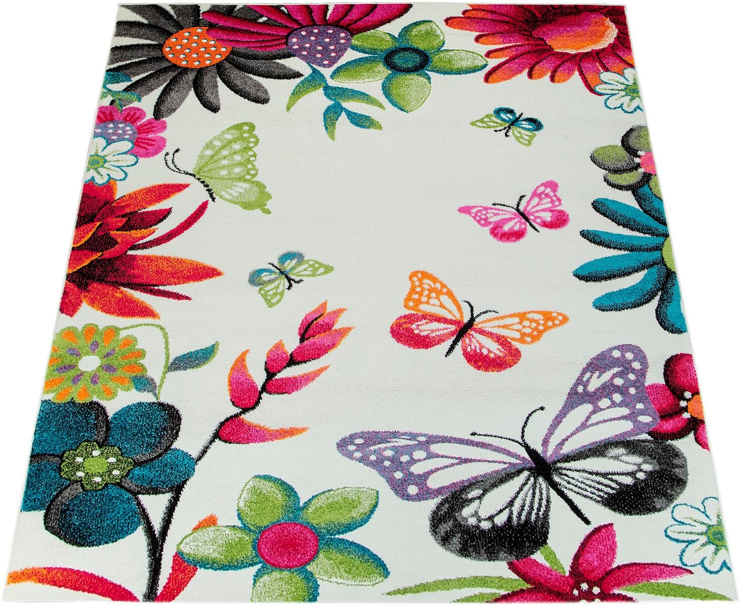 Image of Paco Home Kinderteppich »ECE 954«, rechteckig, 14 mm Höhe, Kurzflor, Motiv Blumen & Schmetterlinge, Kinderzimmer bei Ackermann Versand Schweiz