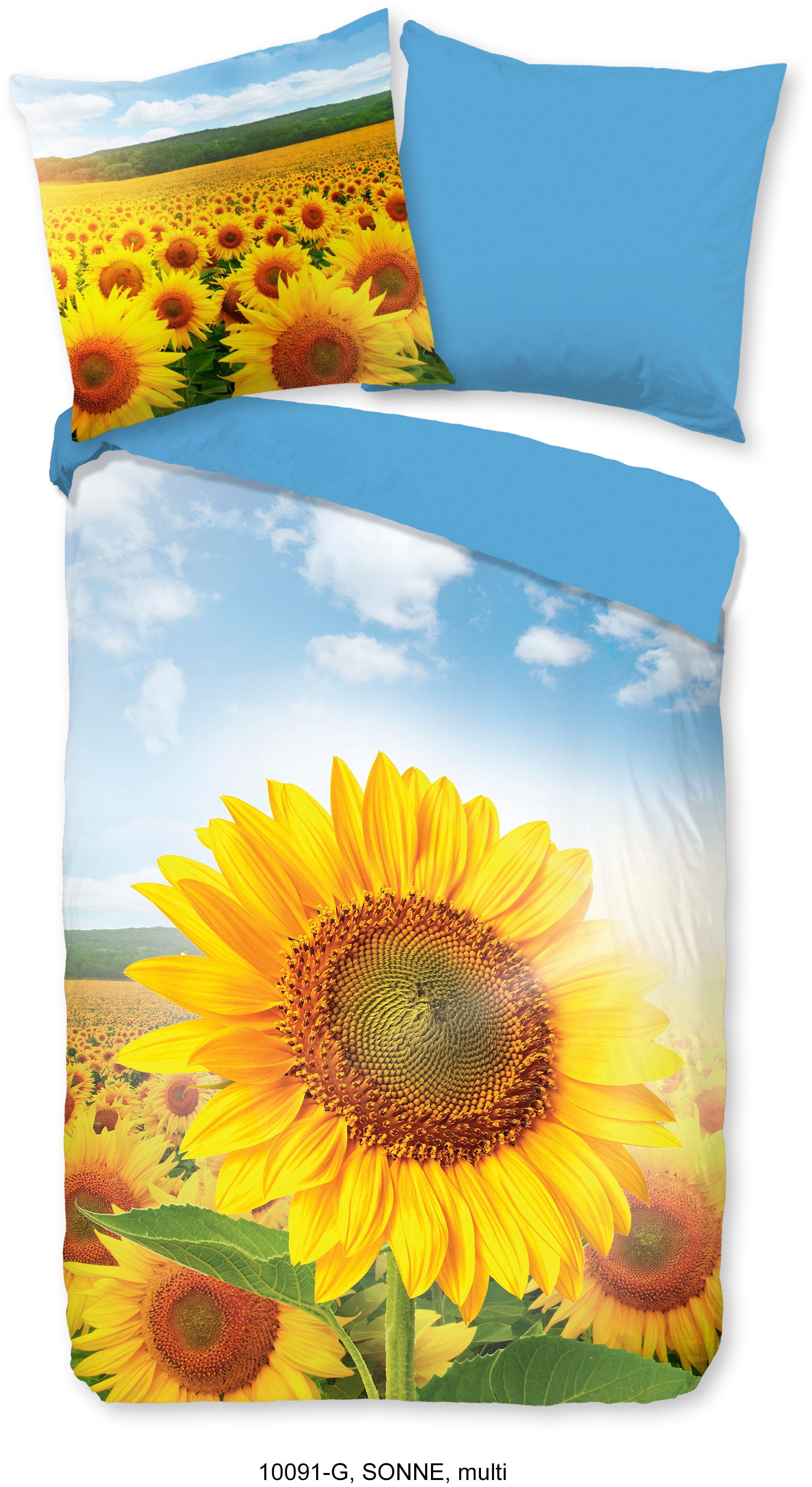 good morning Wendebettwäsche »Sonne«, Baumwolle, 2 Teilig, Reissverschluss, Wende, Sonnenblume, Gelb, Blau