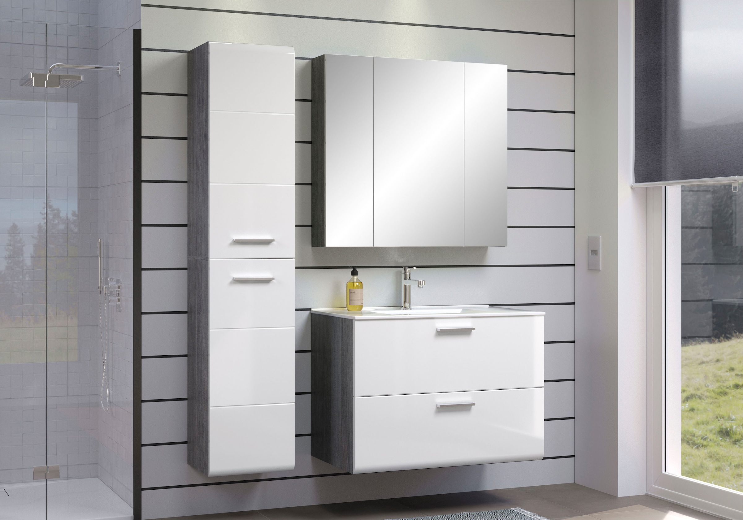welltime Badmöbel-Set »Ravenna«, (3 St.), Hochschrank, Waschtisch, Spiegelschrank mit Wäschekorb und Waschbecken