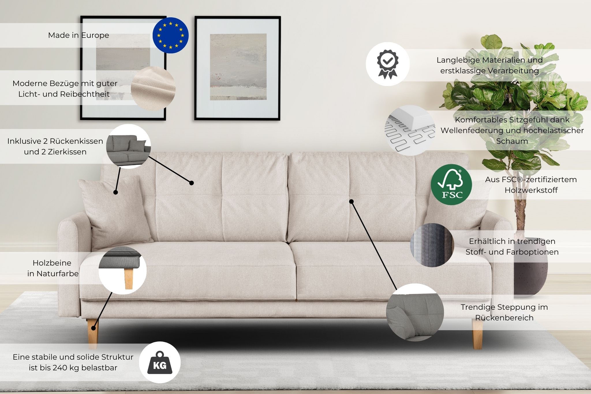 Home affaire 2-places »TRIPLO mit Wellenunterfederung, Masse B/T/H: 165/100/89 cm« Sofa mit Steppung im Rückenbereich, incl. Rückenkissen und Zierkissen