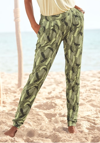 Jerseyhose, mit Blätterdruck, schmale Strandhose mit Taschen, Sommerhose