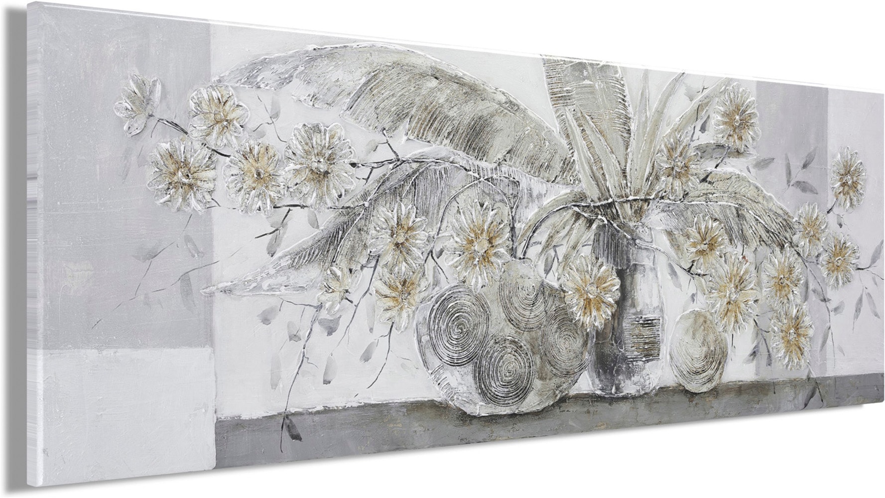 Bönninghoff Ölgemälde »handarbeit BLUMENVASE 40x120 cm – Wandbild Kunst Deko modern« Blumen | Blätter | Vasen handgefertigt, jedes Bild ein Unikat