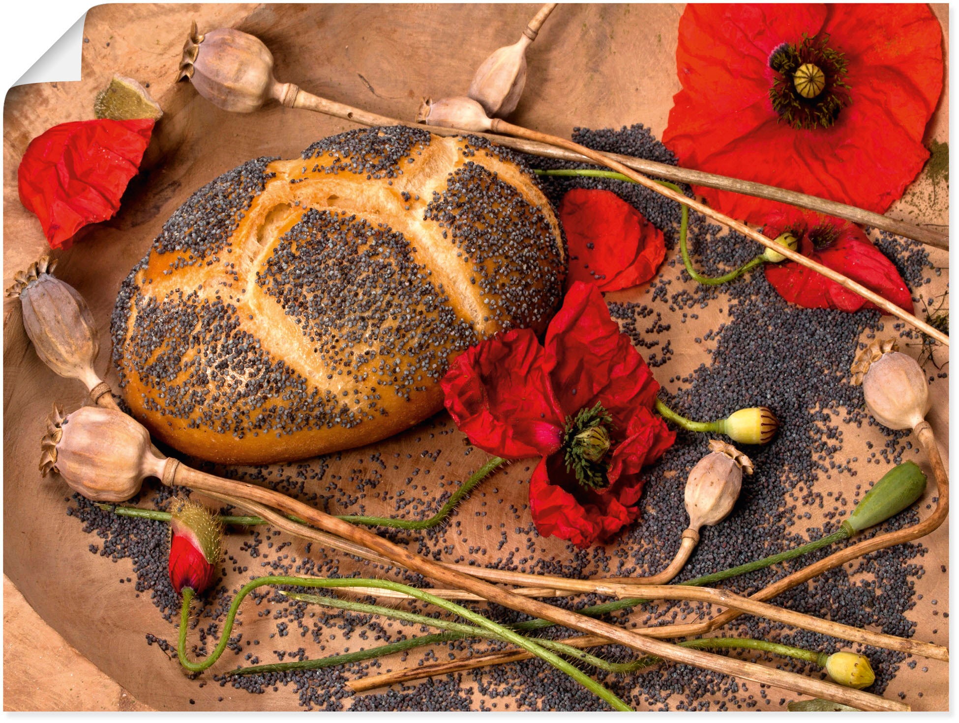 Image of Artland Wandbild »Mohnbrot mit Mohnblumen dekoriert«, Getreide, (1 St.), in vielen Grössen & Produktarten - Alubild / Outdoorbild für den Aussenbereich, Leinwandbild, Poster, Wandaufkleber / Wandtattoo auch für Badezimmer geeignet bei Ackermann Versand Sc