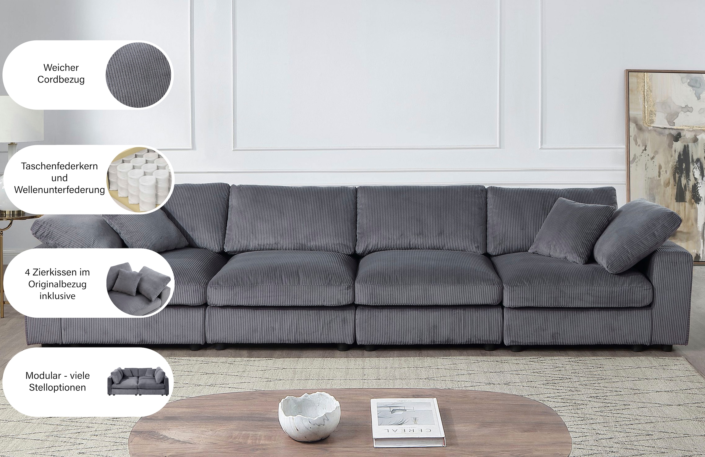 GOODproduct 4 places »Berny« comprend 2 grands et 2 petits coussins décoratifs en velours côtelé doux