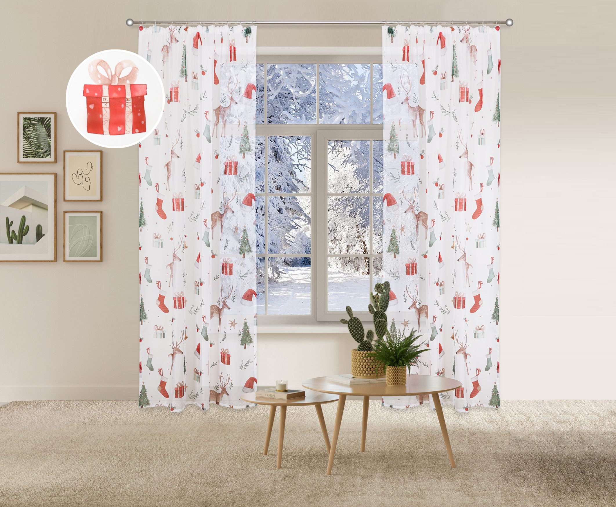 Image of GOODproduct Gardine "Olwyn" Kräuselband 1 Stk. tlg. weihnachtlich, bedruckt, halbtransparent, weiche Haptik