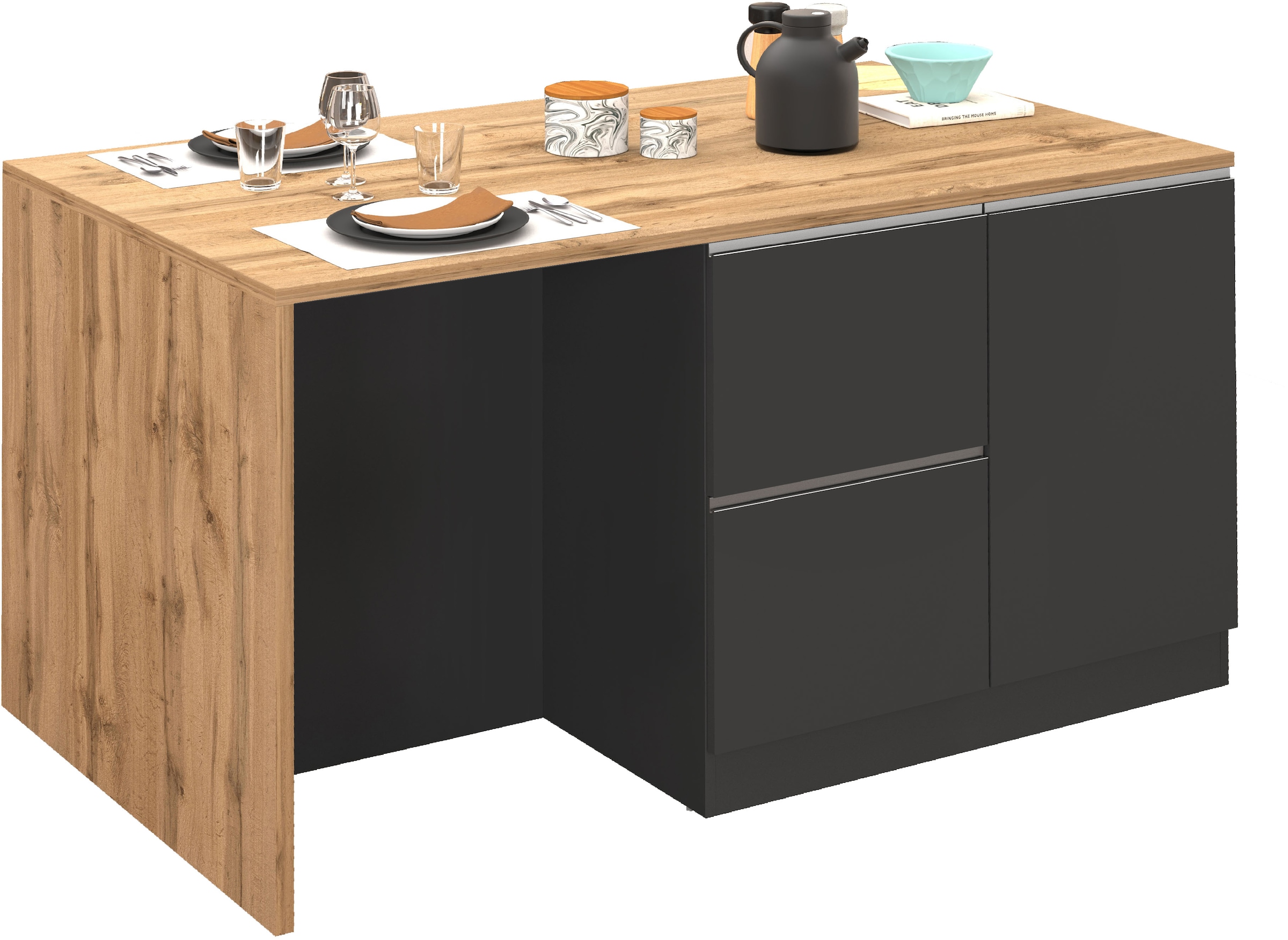 KOCHSTATION Ilot de cuisine »KS-Sole, Kochinsel, Küchenarbeitsblock, Inselküche, Arbeitsinsel« Breite 152,5 cm, mit Essplatz, Handtuchhalter, Fächer und Weinregal