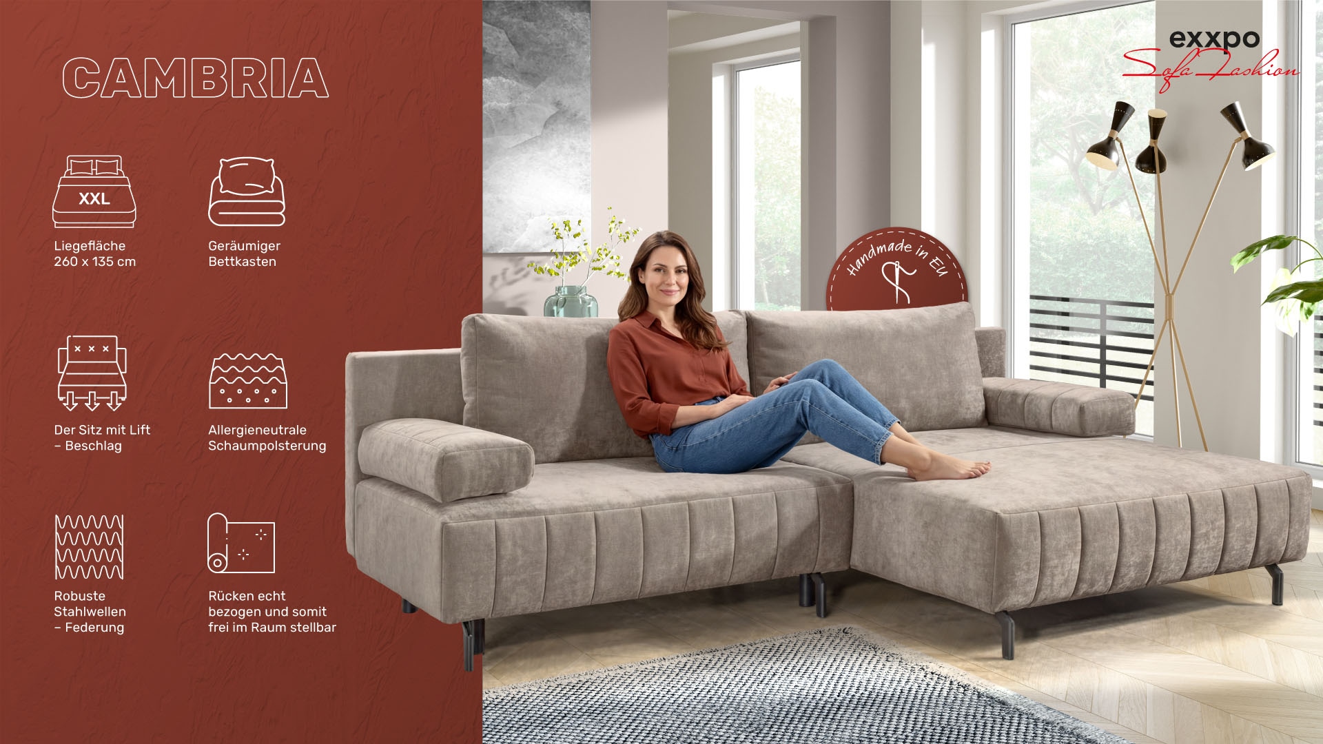 exxpo - sofa fashion Canapé d'angle inkl. Bettfunktion und Bettkasten, 15cm bodenfrei, Breite 262cm