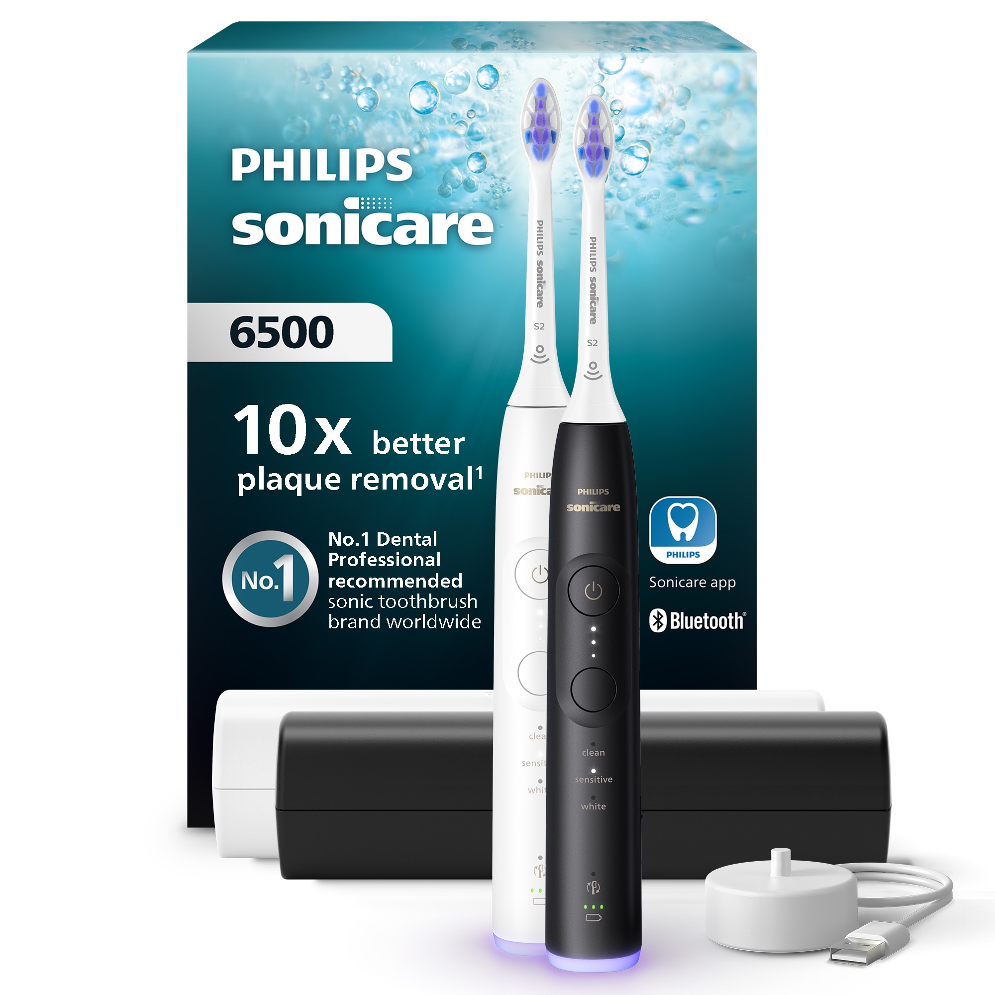 Image of Philips Sonicare Elektrische Zahnbürste "Series 6500 HX7419/01" 2 Stk. Aufsteckbürsten mit Andruckkontrolle, 3 Intensitätsstufen, inkl. Ladegerät, Reiseetui