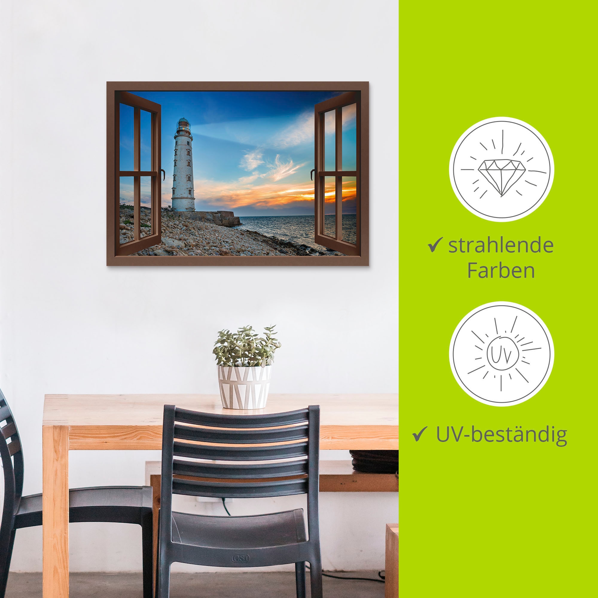 Artland Alu-Dibond-Druck »Fensterblick Leuchtturm«, Fensterblick, (1 St.), für Innen- und Aussenbereich geeignet, Outdoorbild