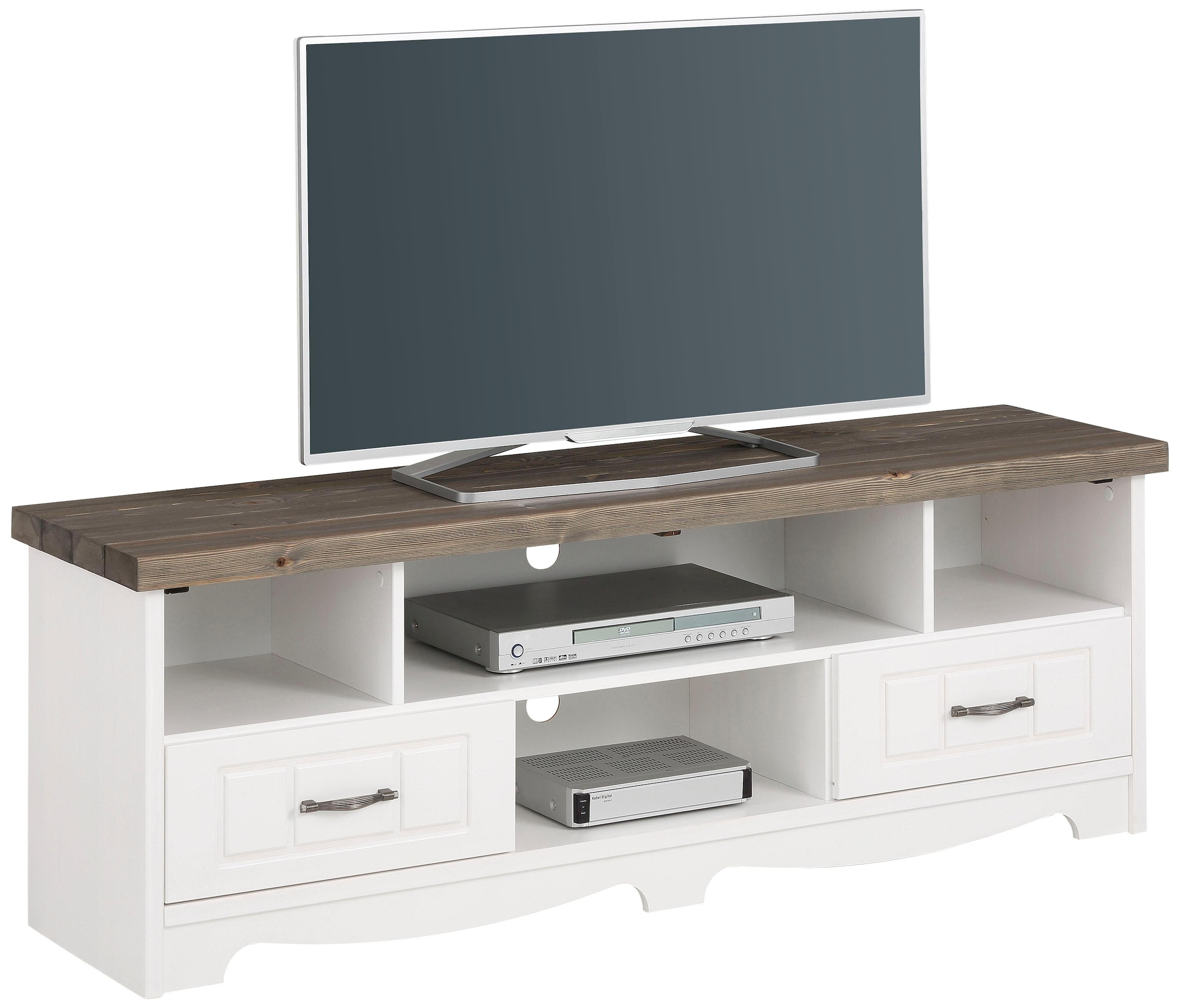 Image of Home affaire TV-Board "Trinidad Lowboard mit 4 offenen Fächern und 2 Schubladen, Metallgriffe" aus massiven Kiefernholz mit dekorativen Fräsungen an den Schubladen