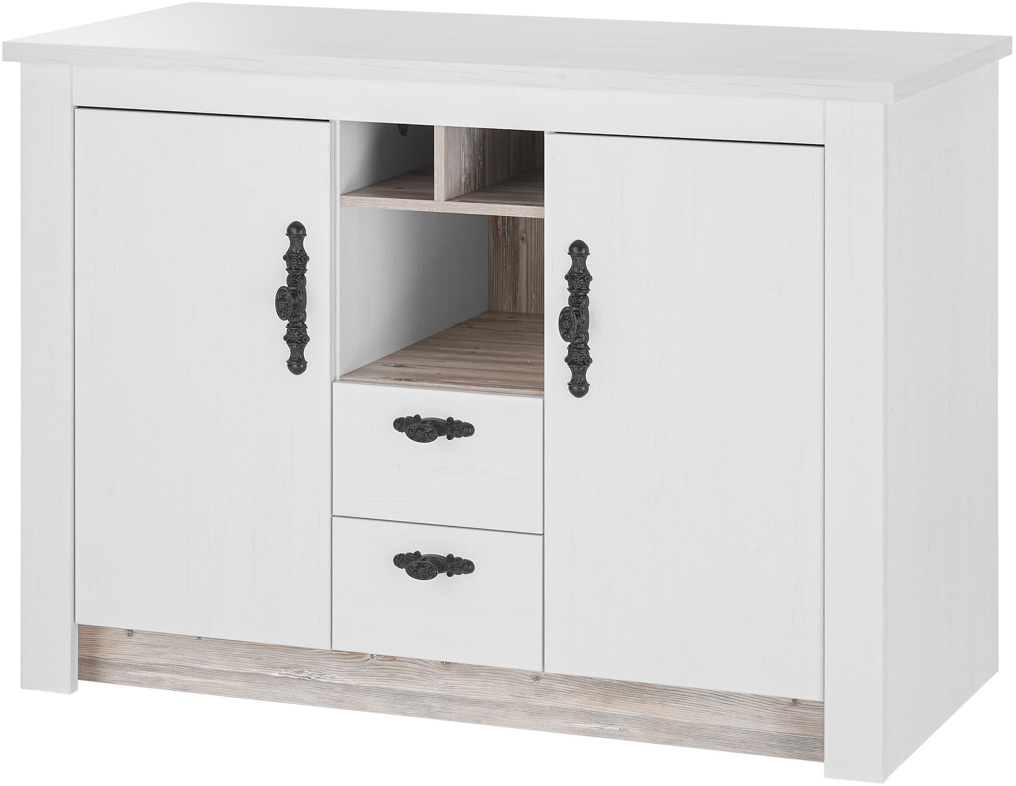 Home Affaire, Home affaire Spülenschrank »Florenz, Küchenunterschrank in Pinie Weiss, Unterschrank« mit verschnörkeltem Metallgriff, im Landhausstil, 