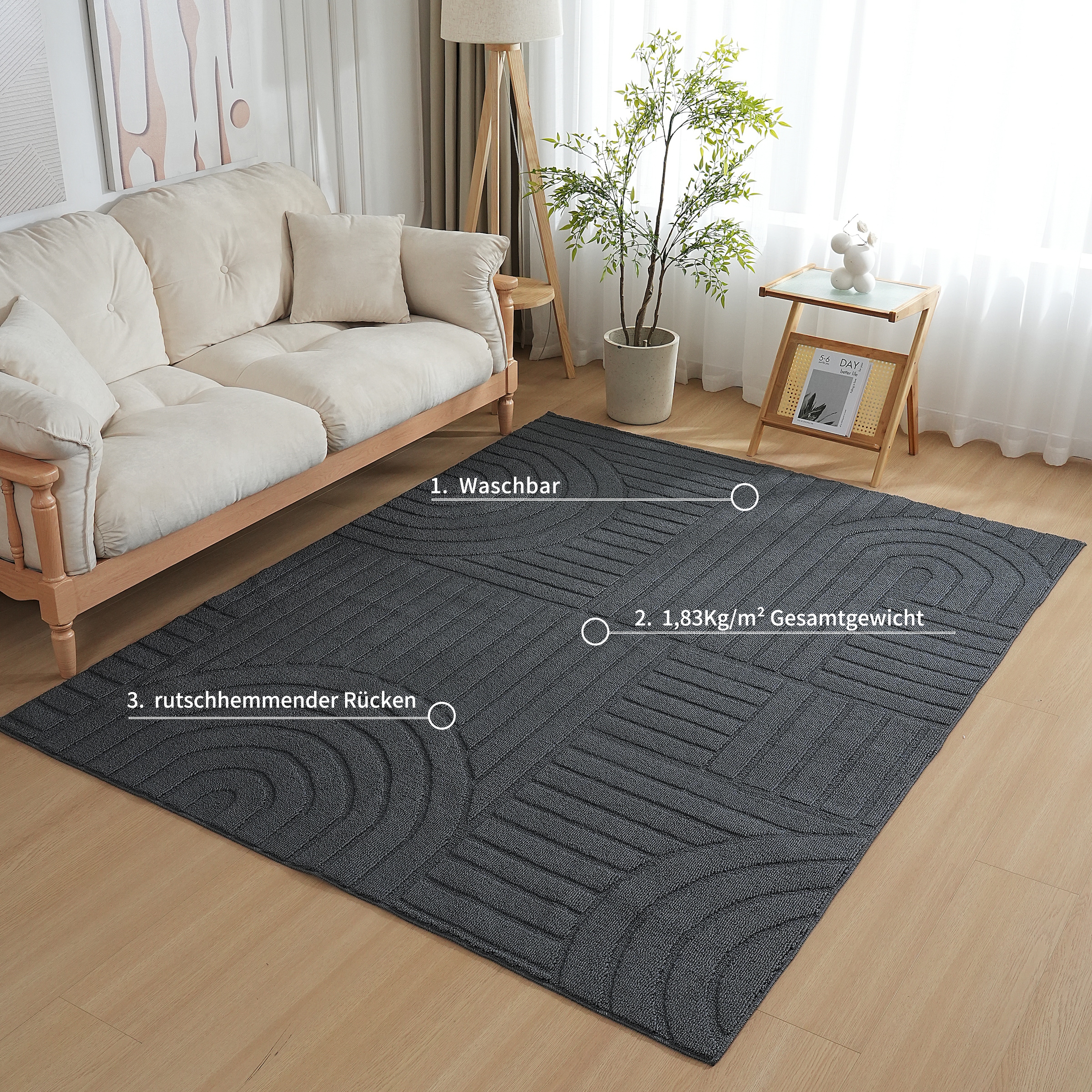 GOODproduct Tapis »Neele, Boho-Design, Hoch-Tief, waschbar« Rectangulaire 12 mm Höhe 3D Optik, Skandinavisch, Designteppich, Wohnzimmer, Schlafzimmer