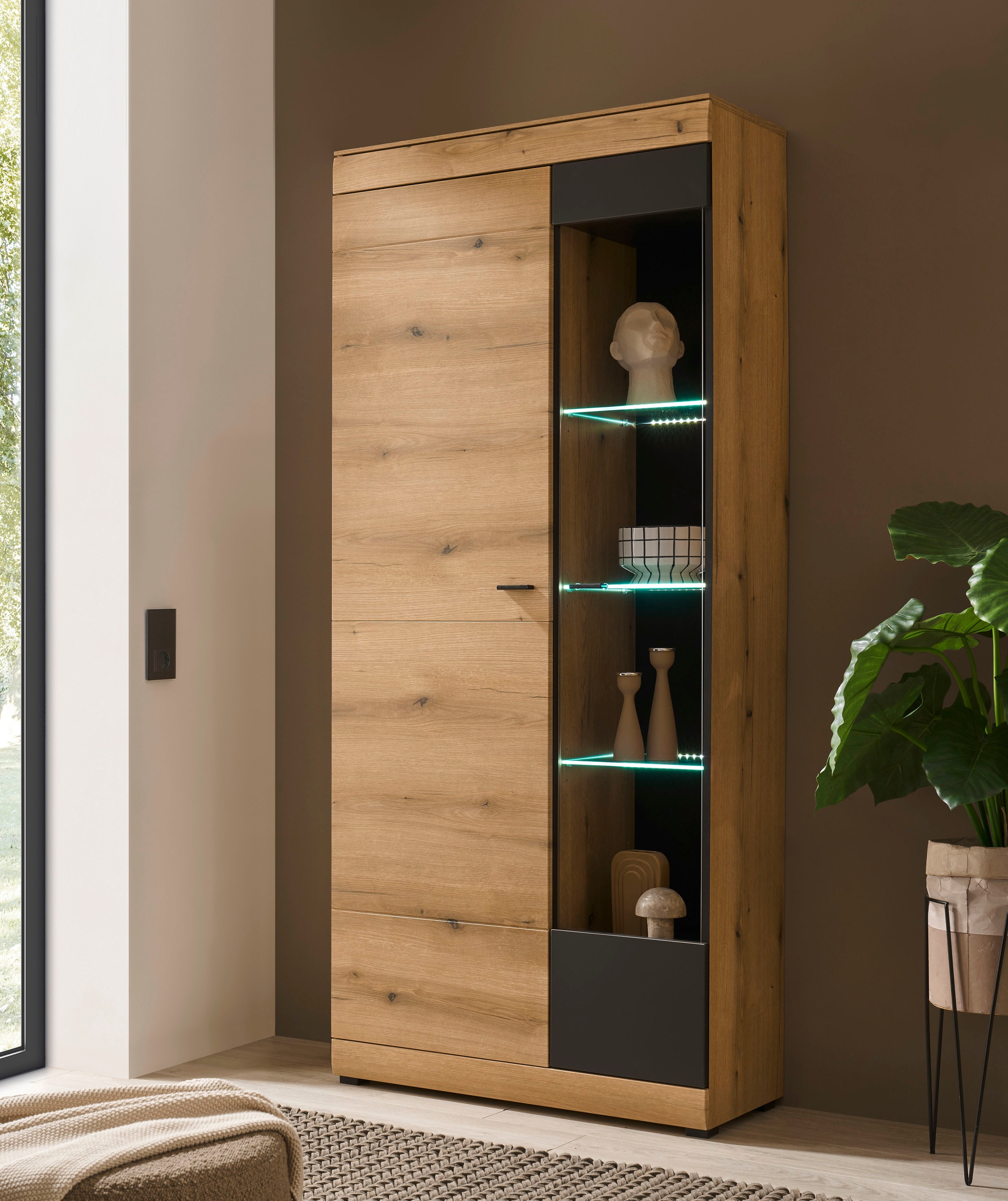 Home affaire Vitrine »Soleto, Vitrinenschrank in Evoke Eiche, moderne Glasvitrine« ausreichend Stauraum, schwarze Griffe aus Metall, zeitlos