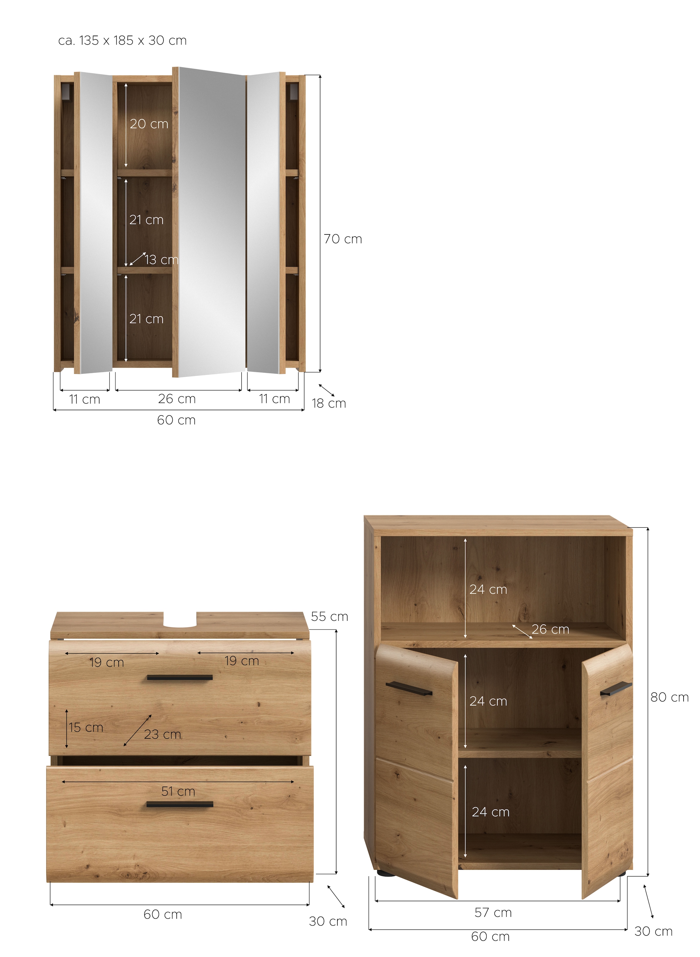 welltime Ensemble de meubles de salle de bain »FLORENZ,  3-teilige Badkombination, hochwertige MDF-Front« Ensemble, best. aus: Waschbeckenunterschrank, Spiegelschrank, Midischrank breit, 3 cuis tlg.