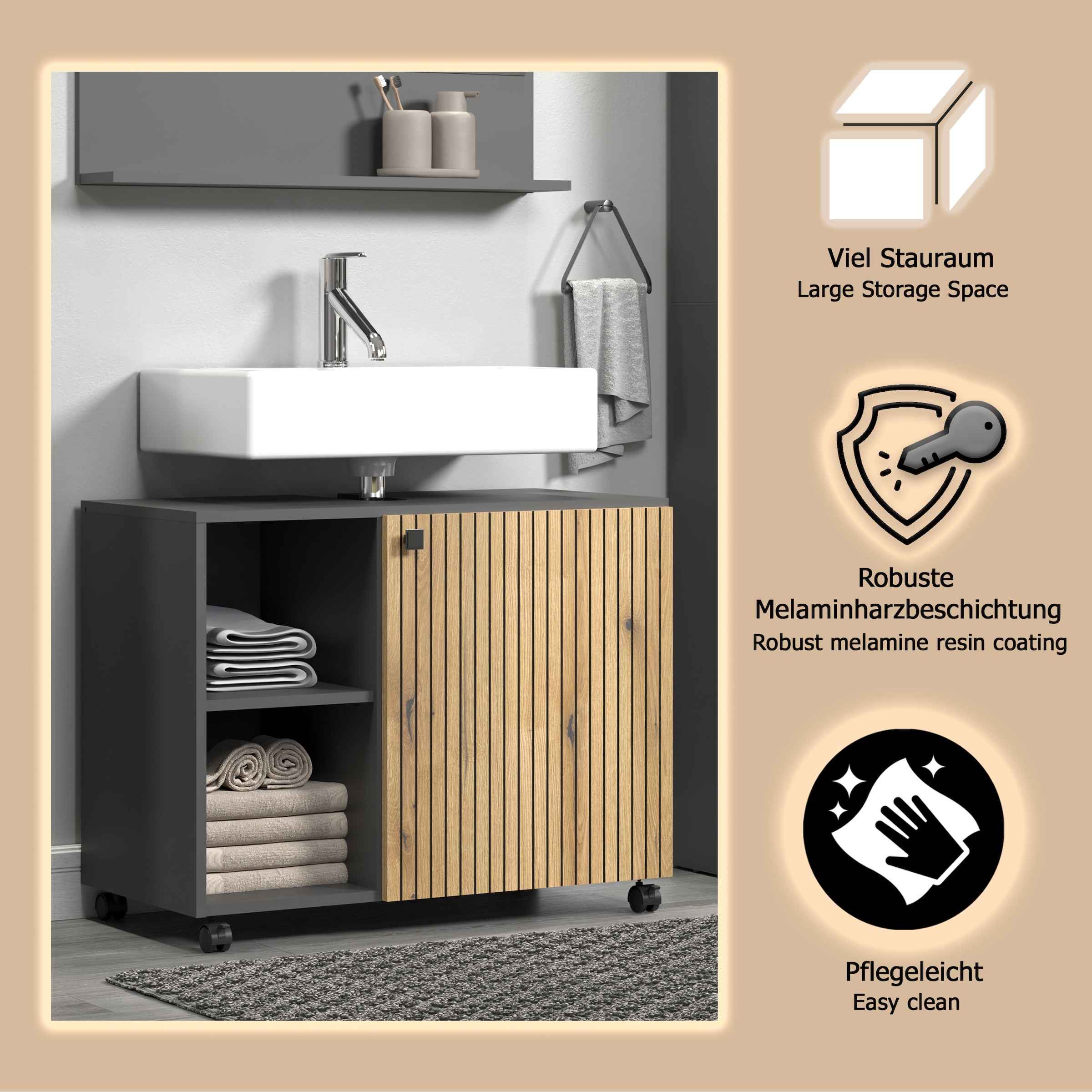 welltime Waschbeckenunterschrank »Amrum«, BxHxT 80 x 64 x 42cm Waschbeckenunterschrank Eiche Rillenoptik