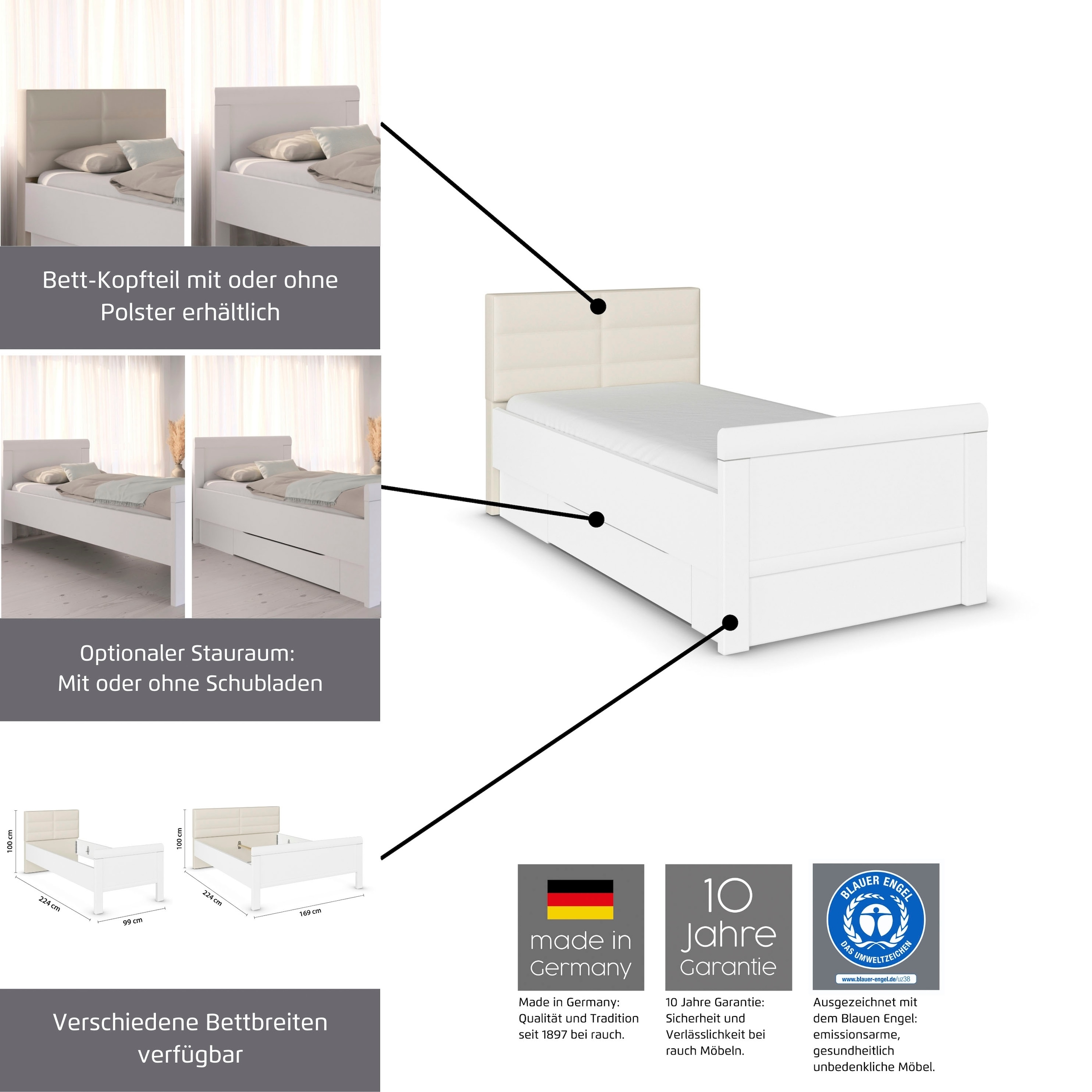 rauch Stauraumbett »Bett Einzelbett Stollenbett Bettkästen EVELYN« in Komforthöhe mit Holzkopfteil sowie Schubladen MADE IN GERMANY