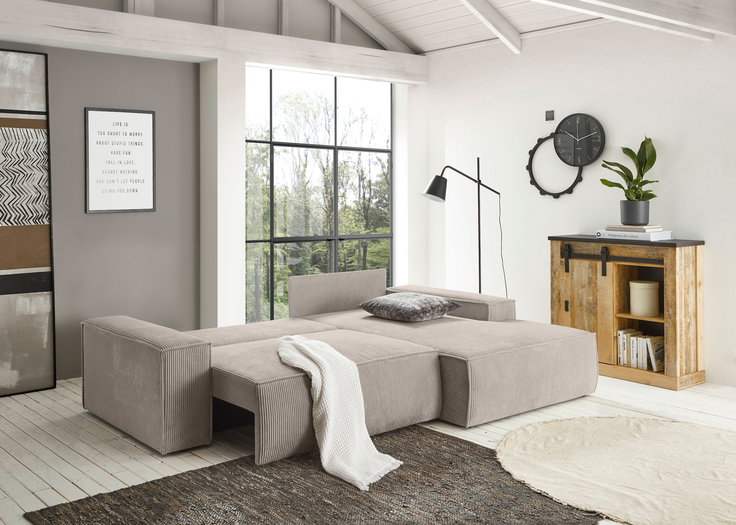 Home affaire Canapé d'angle »SHERWOOD Schlafsofa 267 cm, L-Form,« Schlaffunktion mit Bettkasten (210x136 cm), Cord, Vintage, Samtvelours