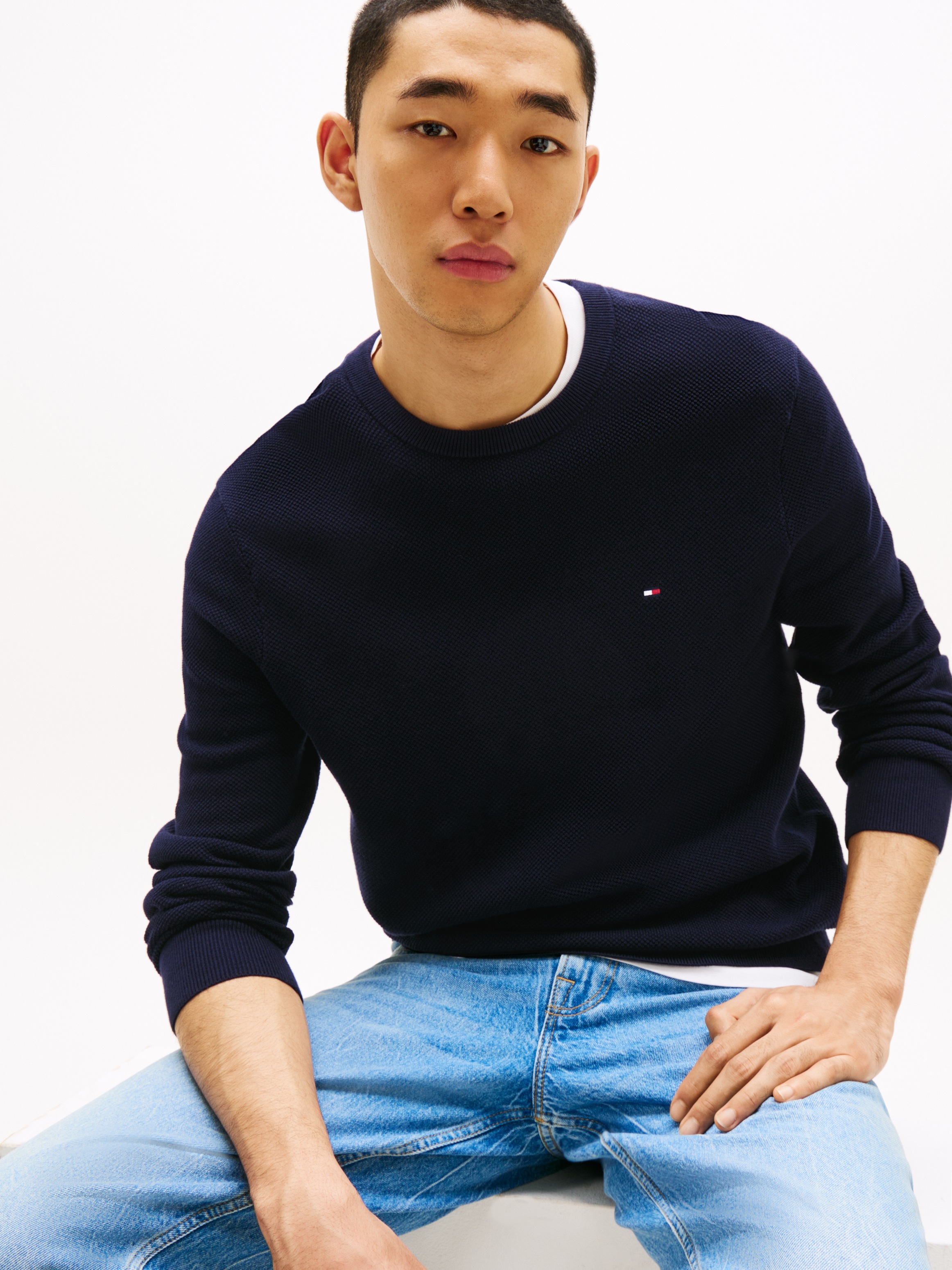 Tommy Hilfiger Rundhalspullover »ESSENTIAL STRUCTURE CREW NECK mit Struktur und Label«, unifarben, casual, regular fit, Baumwolle, Rundhals