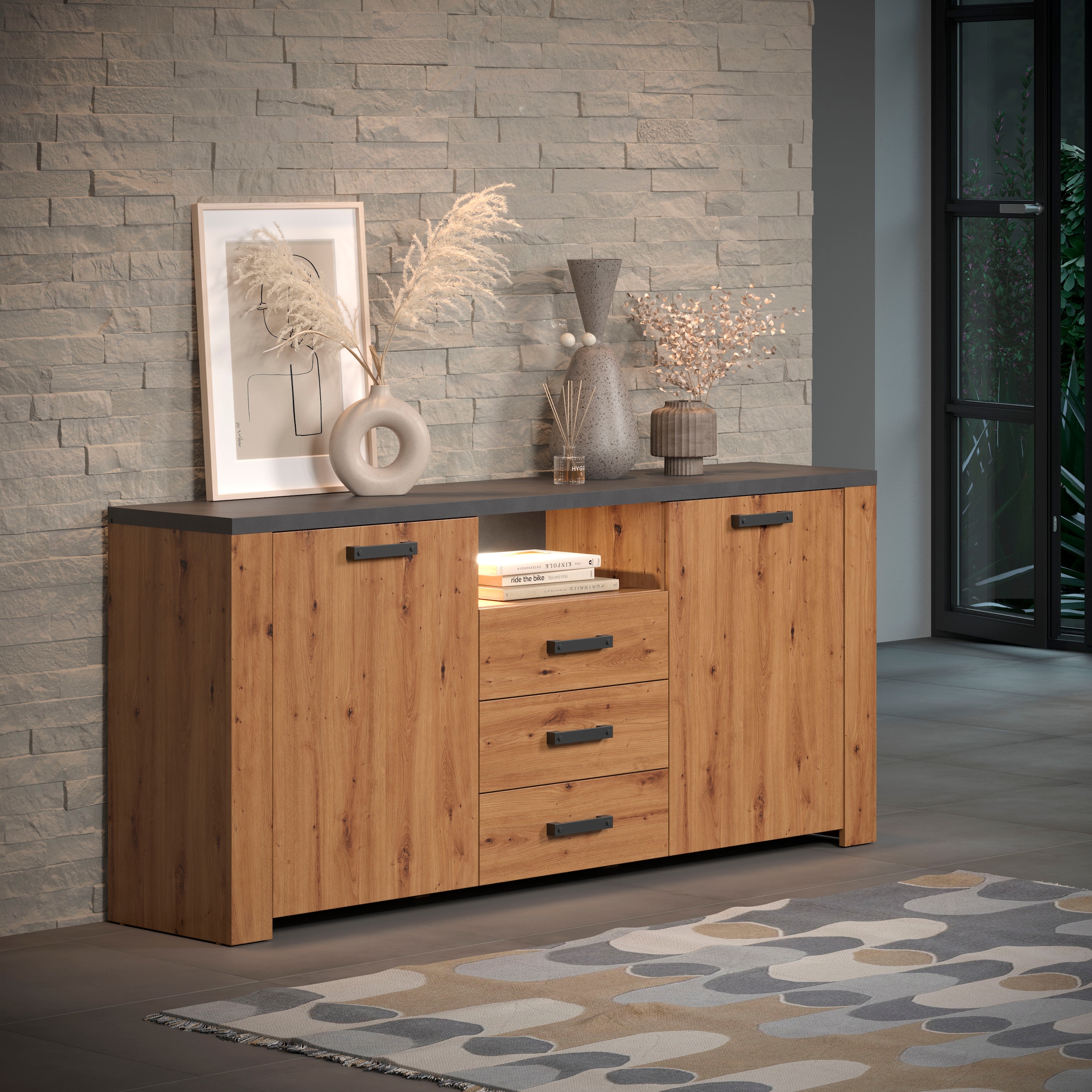 Home affaire Sideboard »Ambres«, (1 St.), Kommode Echtholzoptik, Masse BxH: 180x83 cm, Eiche