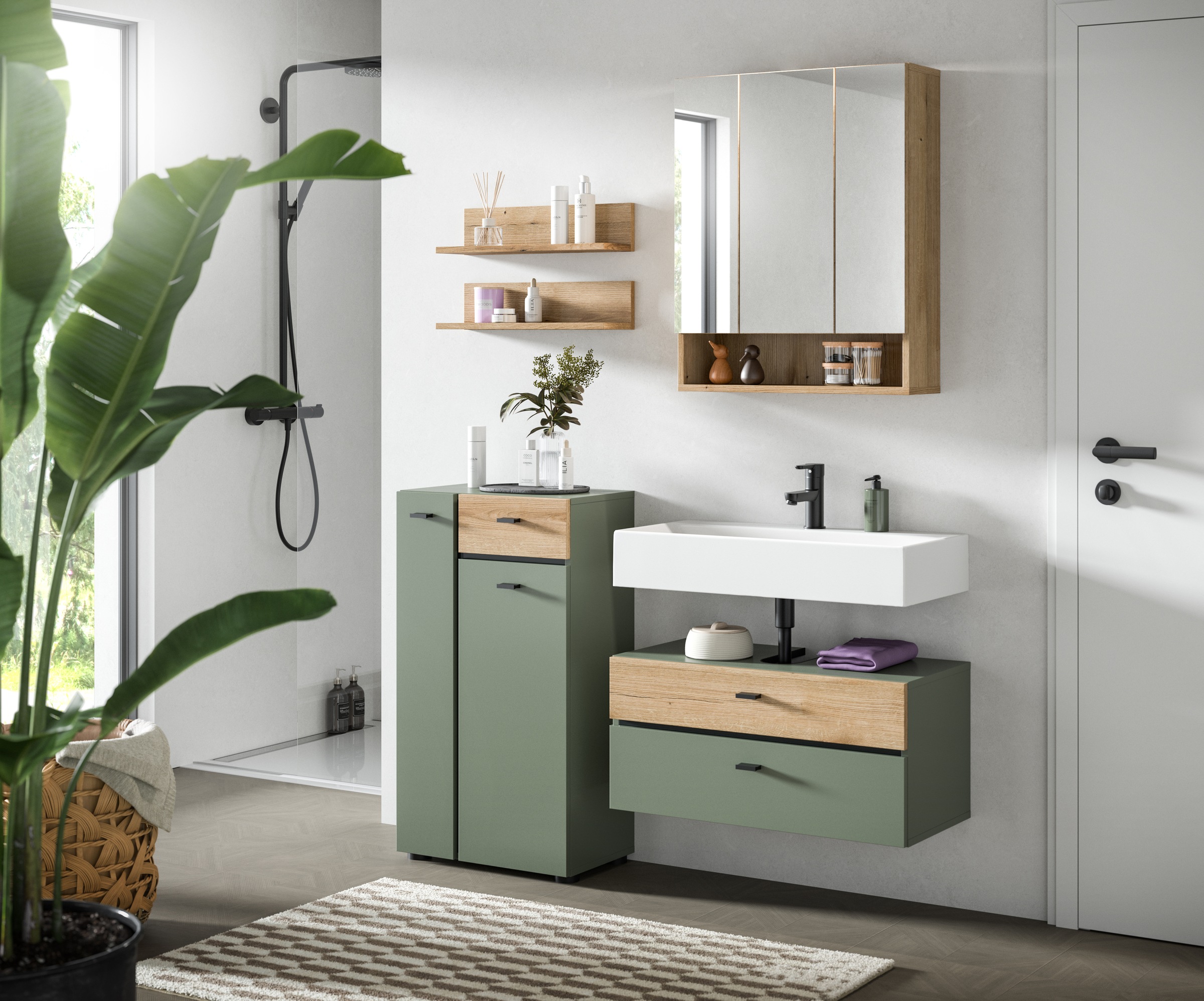 welltime Badmöbel-Set »VANN, 5-teilige moderne Badkombination, individuell stellbar« Midischrank, 2er Set Wandregal, Waschbeckenunterschrank,Spiegelschrank, 5 Stk. tlg.