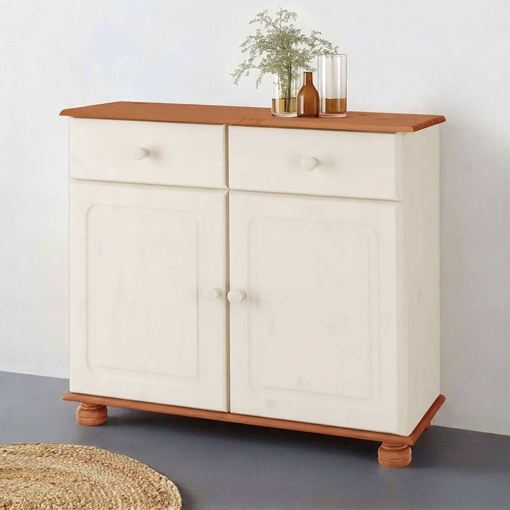 Image of GOODproduct Sideboard "Mette Kommode mit 2 Türen & 1 Schubladen, die optisch geteilt ist" Kommode mit gefrästen, kugelförmigen Füssen, 2 Türen und 1 Schublade