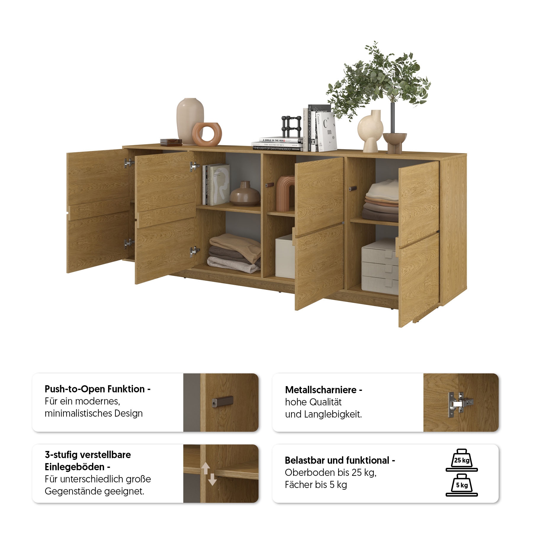 GOODproduct Sideboard »Tatami, Stilvolle, moderne grifflose Kommode 4 Türen, Breite 220cm« Anrichte mit viel Stauraum, Böden verstellbar, push-to-open-Funktion