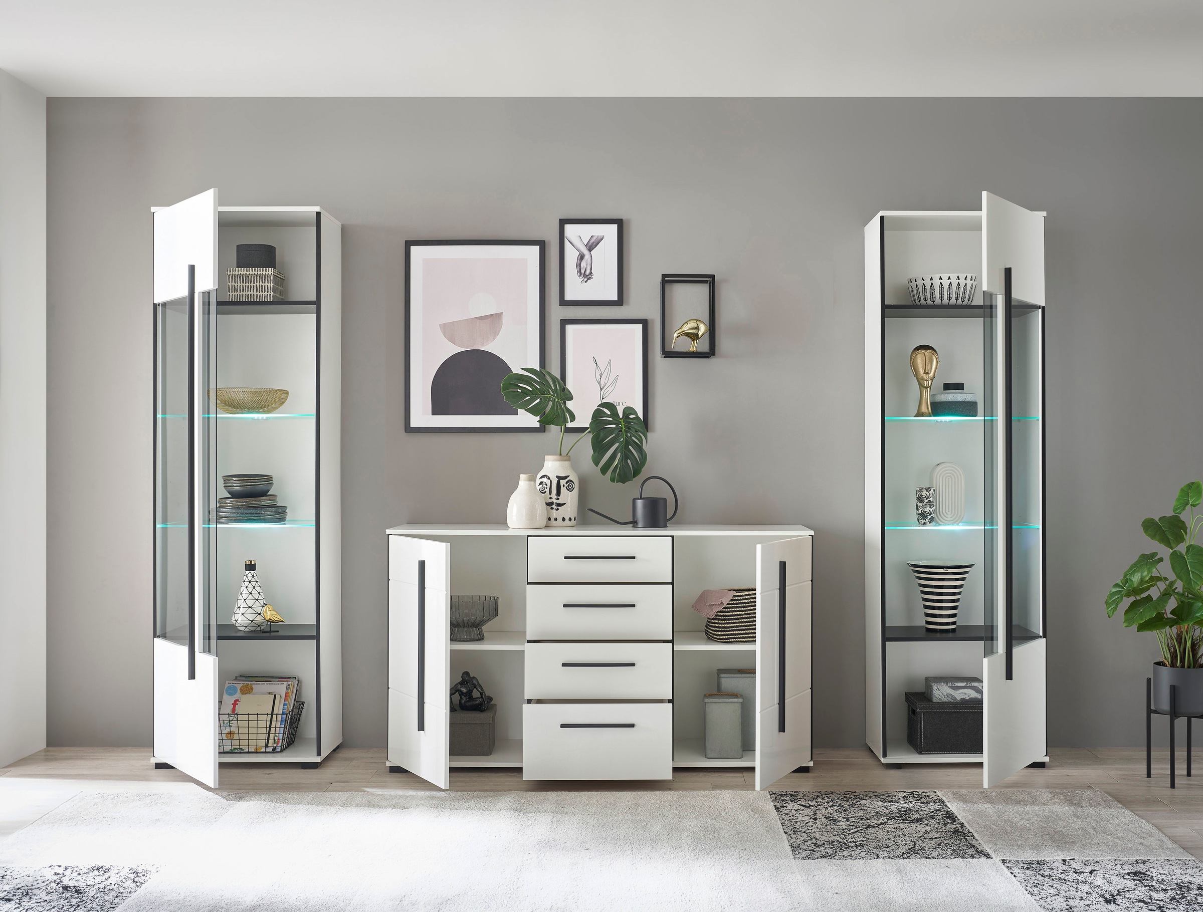 INOSIGN Wohnwand »Cantara, moderne Anbauwand, Wohnzimmer-Set, in Eiche Evoke oder Weiss«, (Set), enthält zwei Vitrinen und ein Sideboard