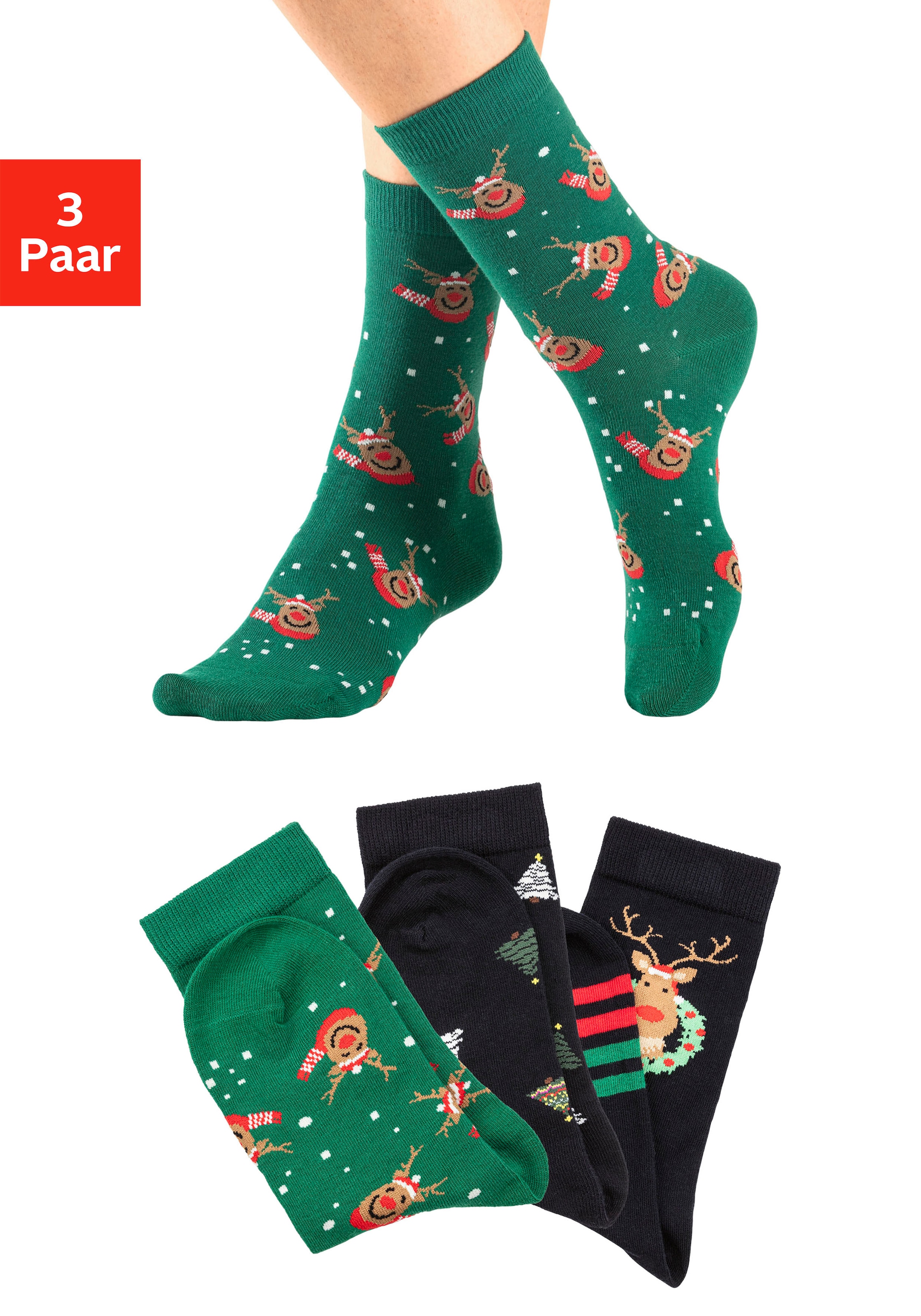 Image of H.I.S Basicsocken "Damensocken Weihnachtssocken bunt gemustert" Packung, 3 Paar tlg. mit weihnachtlichen Motiven