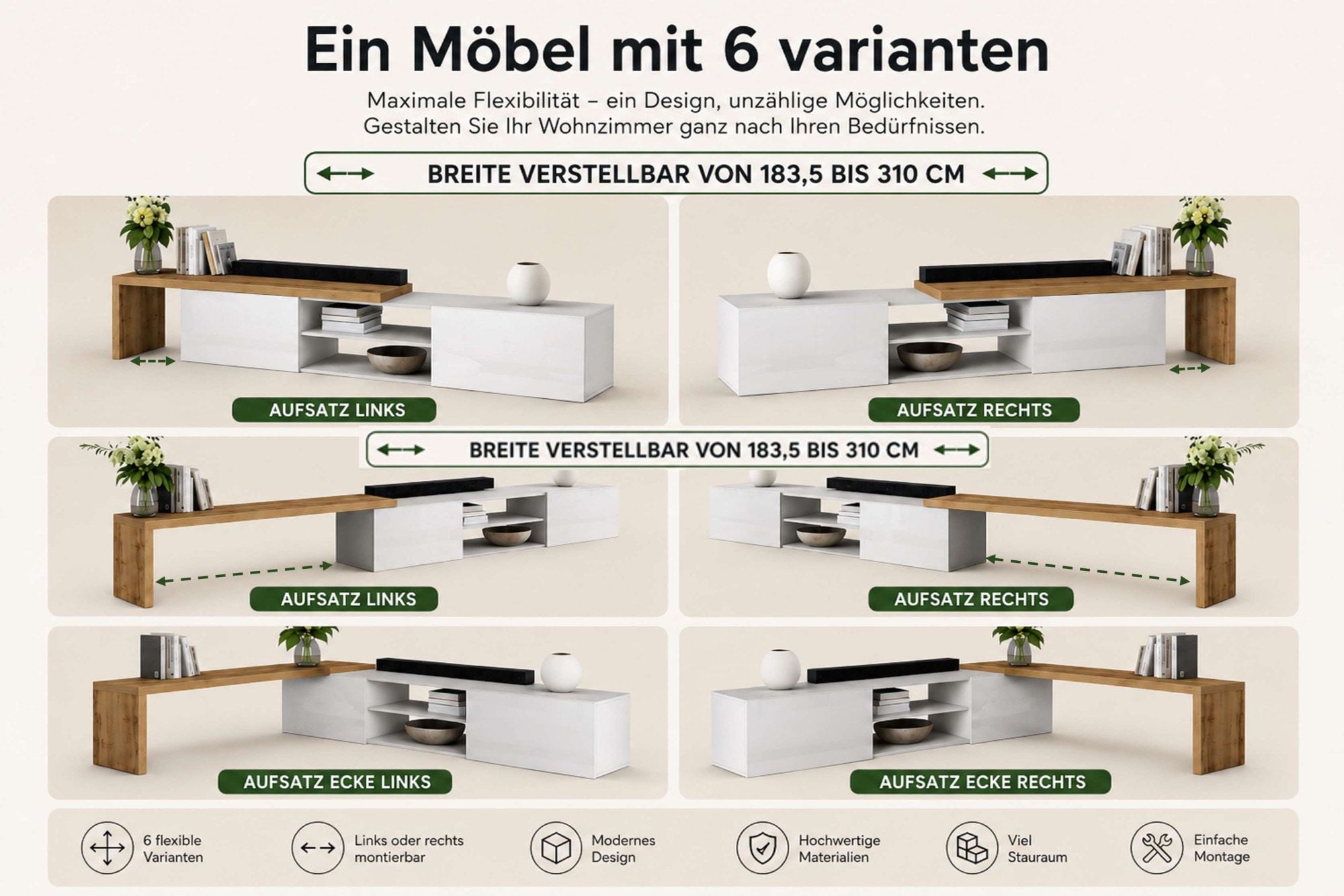GOODproduct Lowboard »New Garda,Lowboard mit Aufsatz,TV-Board mit Ausatz,TV-Schrank-Tv Bank« 1 Stk. tlg. Breite verstellbar v. 183 bis 310 cm,2 Klappen  und L-Förmiger Aufsatz