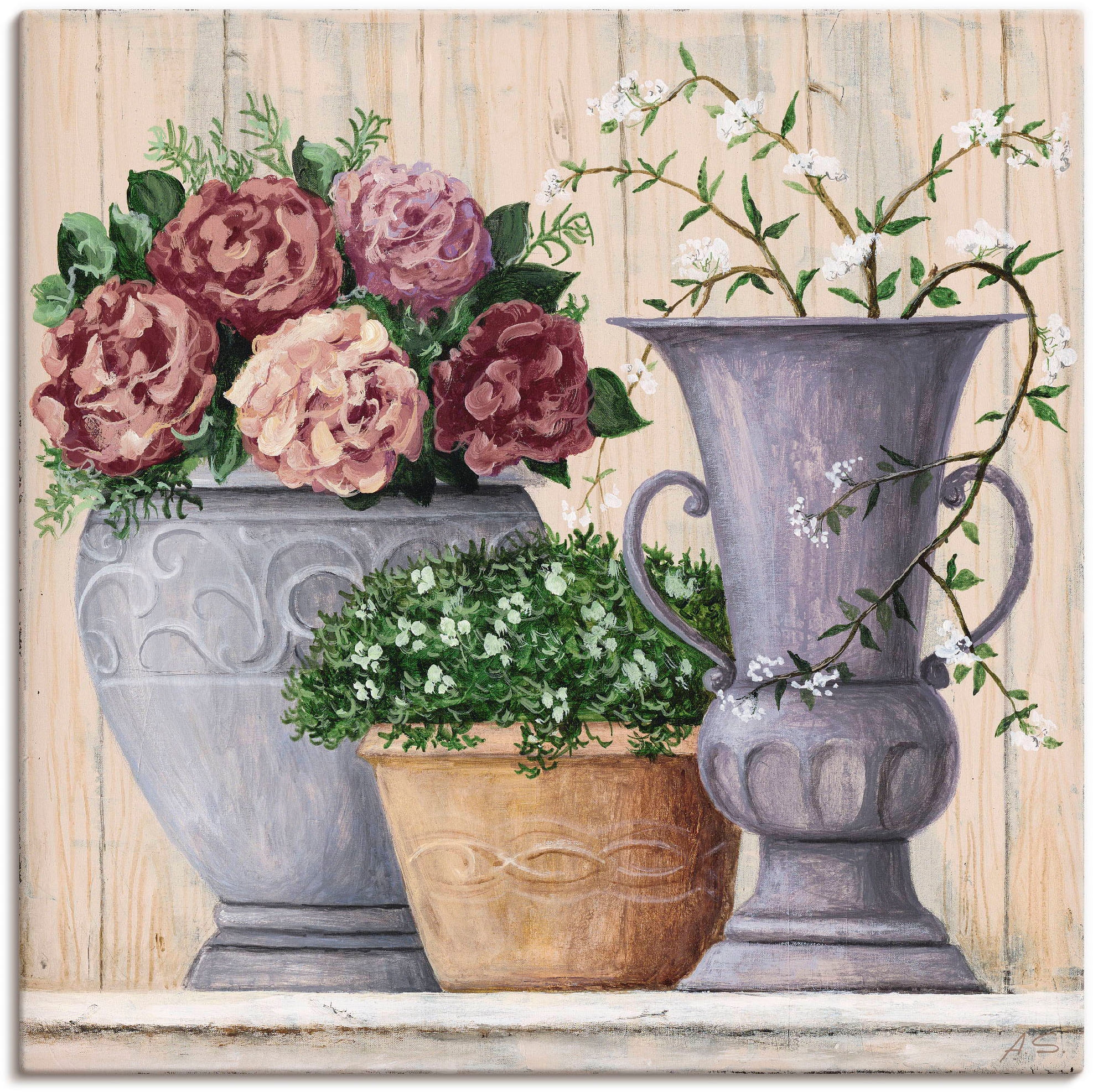 Image of Artland Leinwandbild "Antike Blumen hell" Vasen & Töpfe 1 Stk. tlg. auf Holzrahmen gespannt